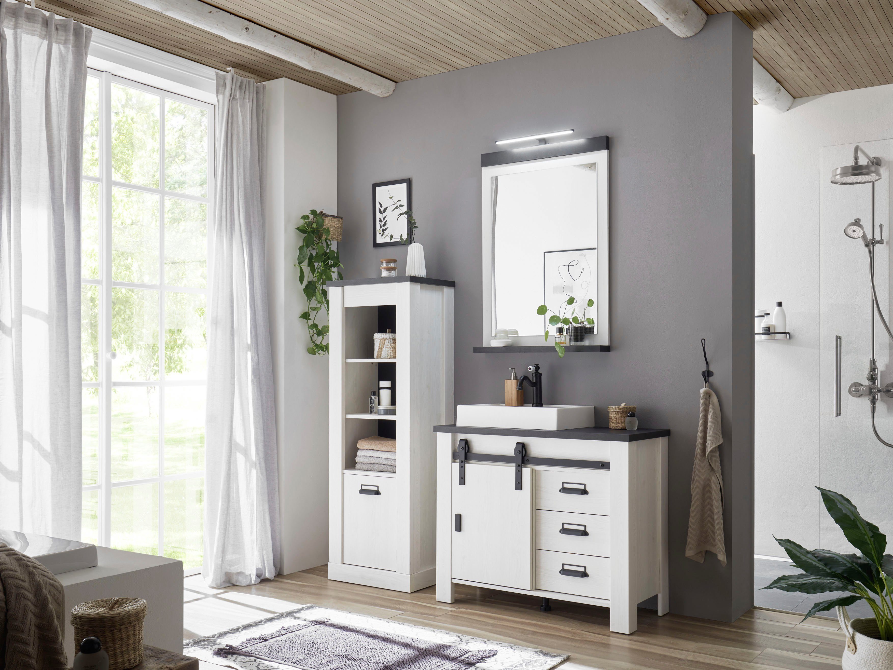 Home affaire Waskast SHERWOOD hoge kast, commode in moderne houtlook, met metalen apothekers handgrepen, hoogte 146 cm