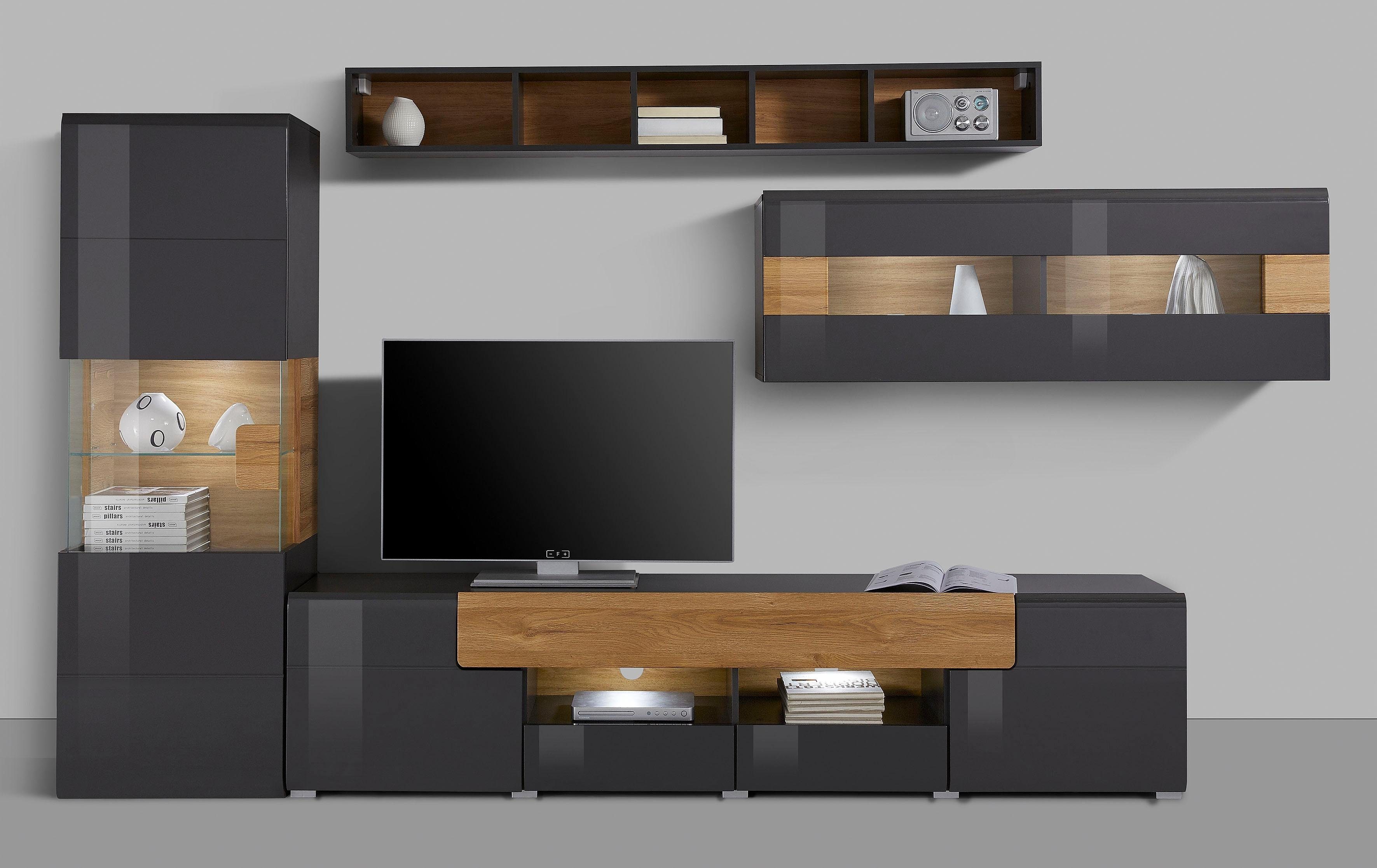 INOSIGN Wandmeubel Toledo, set, 4 stuks, stijlvol mediawandmeubel zonder verlichting Opbouwwand (2x hangvitrine, lowboard, wandplank) MDF hoogglans fronten (set, 4-delig)