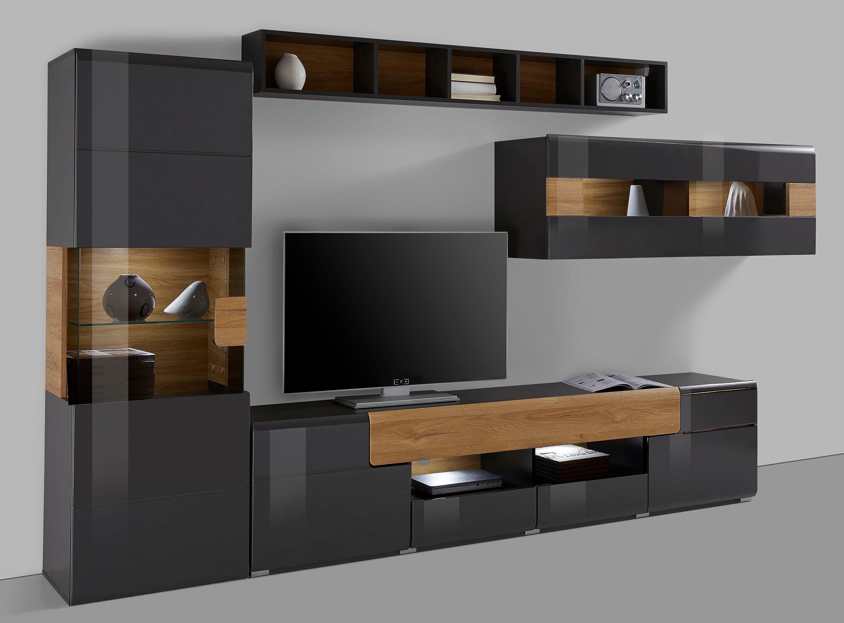 INOSIGN Wandmeubel Toledo, set, 4 stuks, stijlvol mediawandmeubel zonder verlichting Opbouwwand (2x hangvitrine, lowboard, wandplank) MDF hoogglans fronten (set, 4-delig)