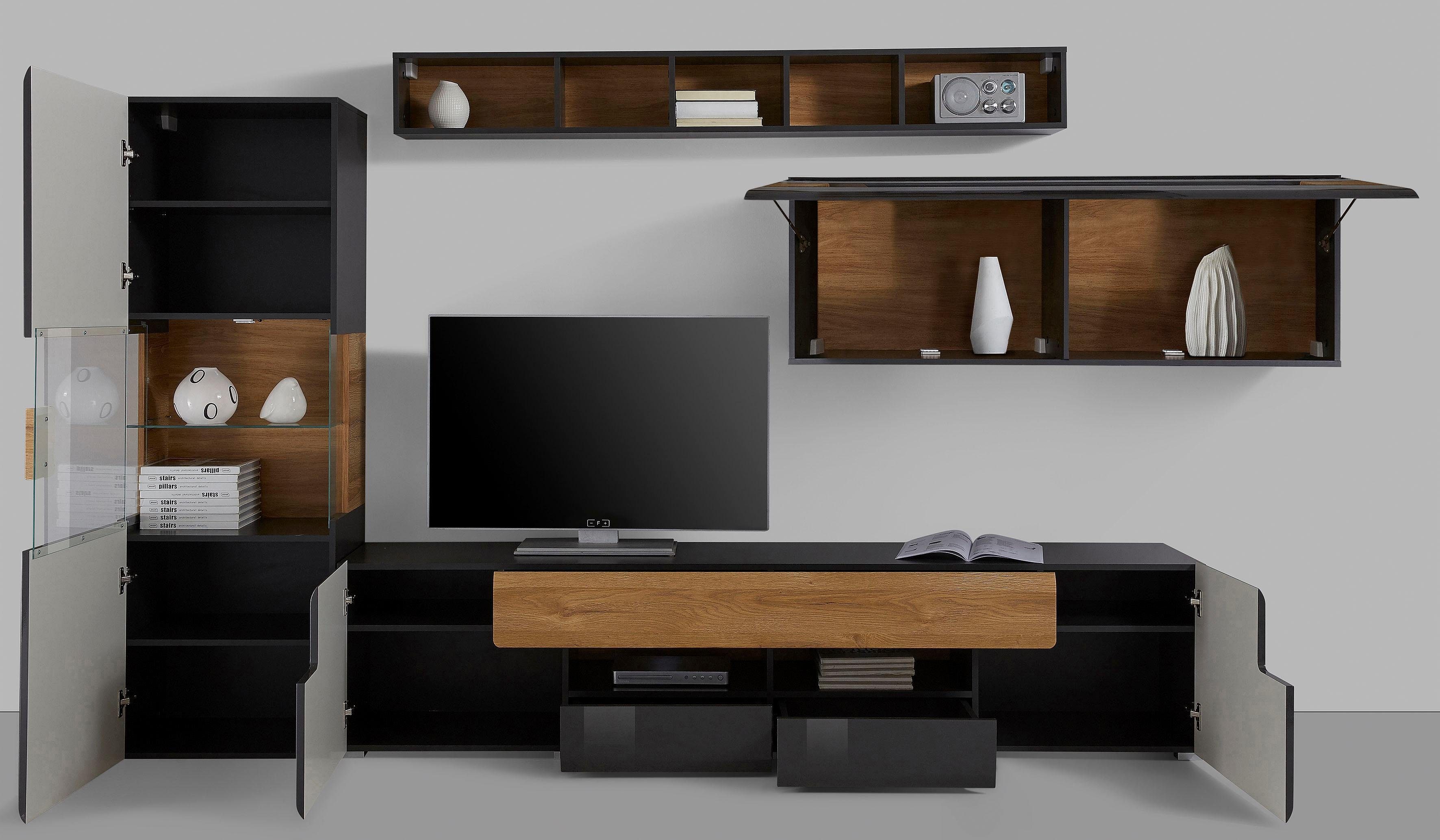 INOSIGN Wandmeubel Toledo, set, 4 stuks, stijlvol mediawandmeubel zonder verlichting Opbouwwand (2x hangvitrine, lowboard, wandplank) MDF hoogglans fronten (set, 4-delig)