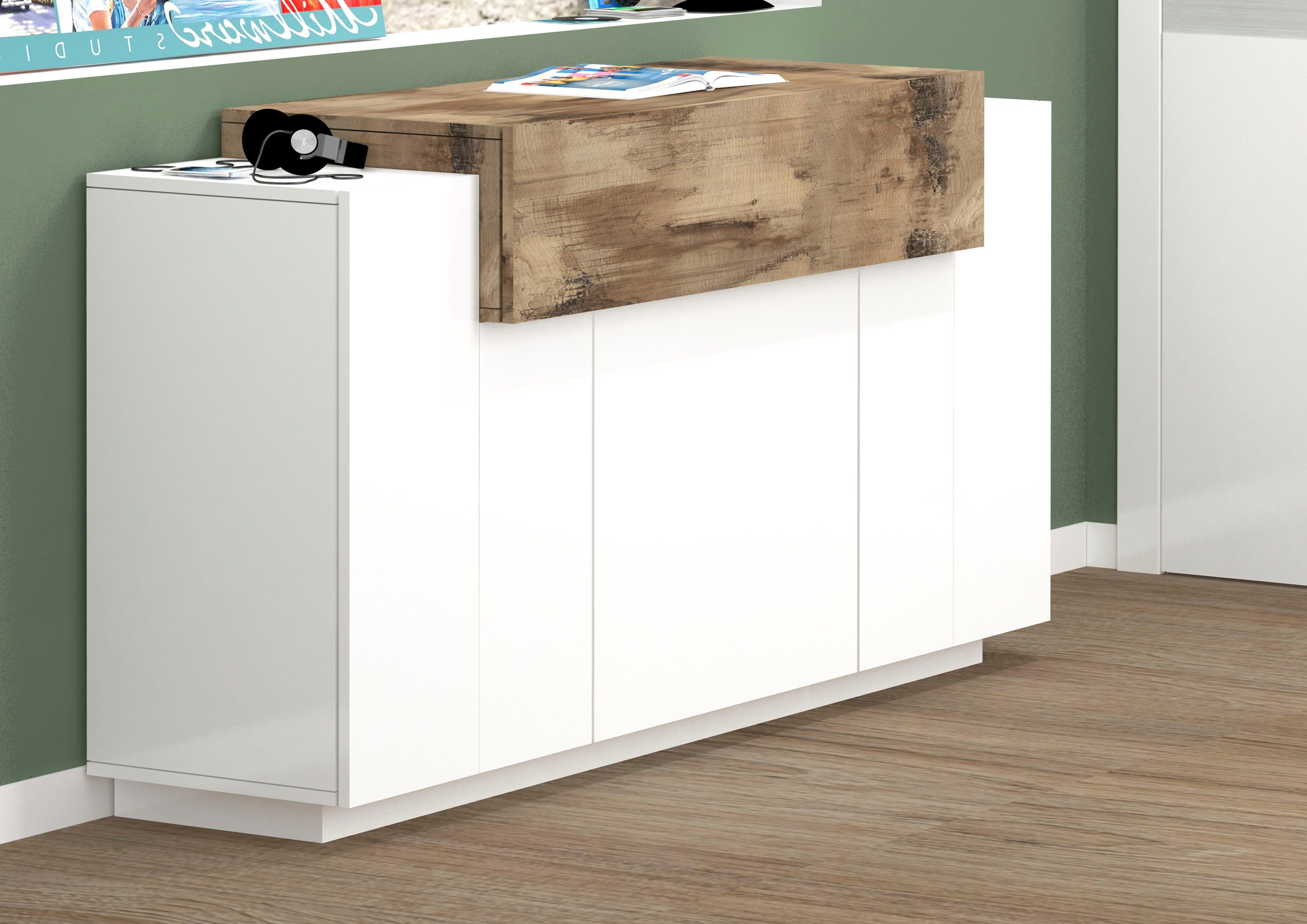 INOSIGN Kast Coro, commode, kast, buffet, greeploos 1 klep, 3 deuren, dubbele diepte hoogglans fronten, breedte 140