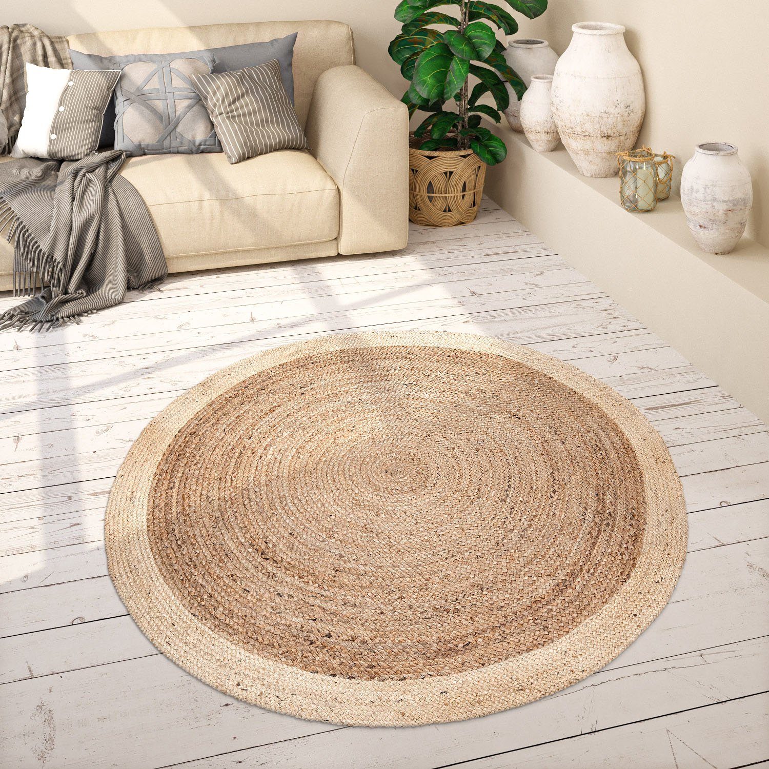 Paco Home Vloerkleed Viborg 594 Jute, modern, boho, etno, met de hand gemaakt vloerkleed van natuurmateriaal moderne vloerkleden maat Ø 120 cm x 6 mm