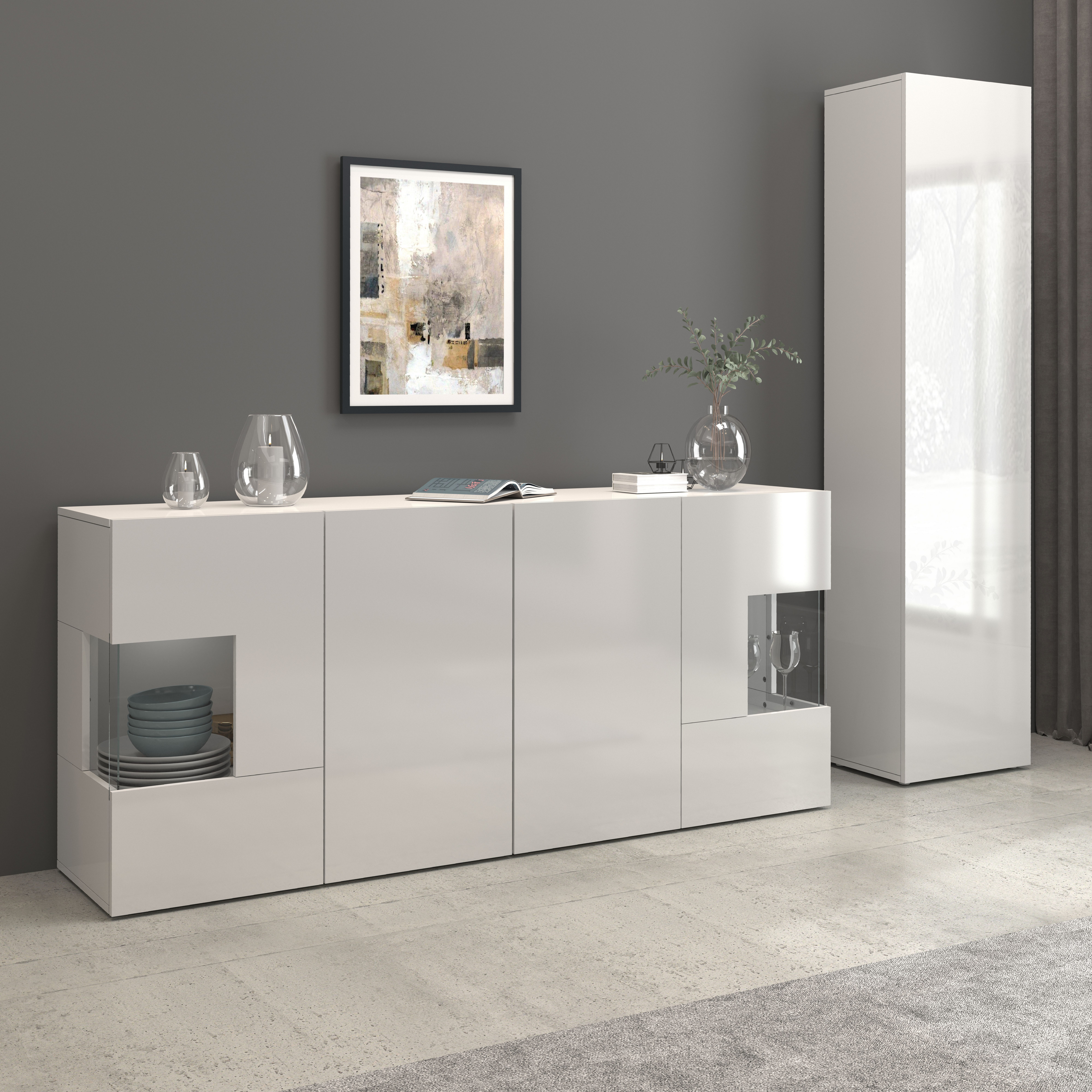 INOSIGN Dressoir Egypte, Ladekast, Kast, Buffet, Vitrine greeploos 4 deuren waarvan 2 met glas inzet, compleet hoogglans gelakt, breedte 180