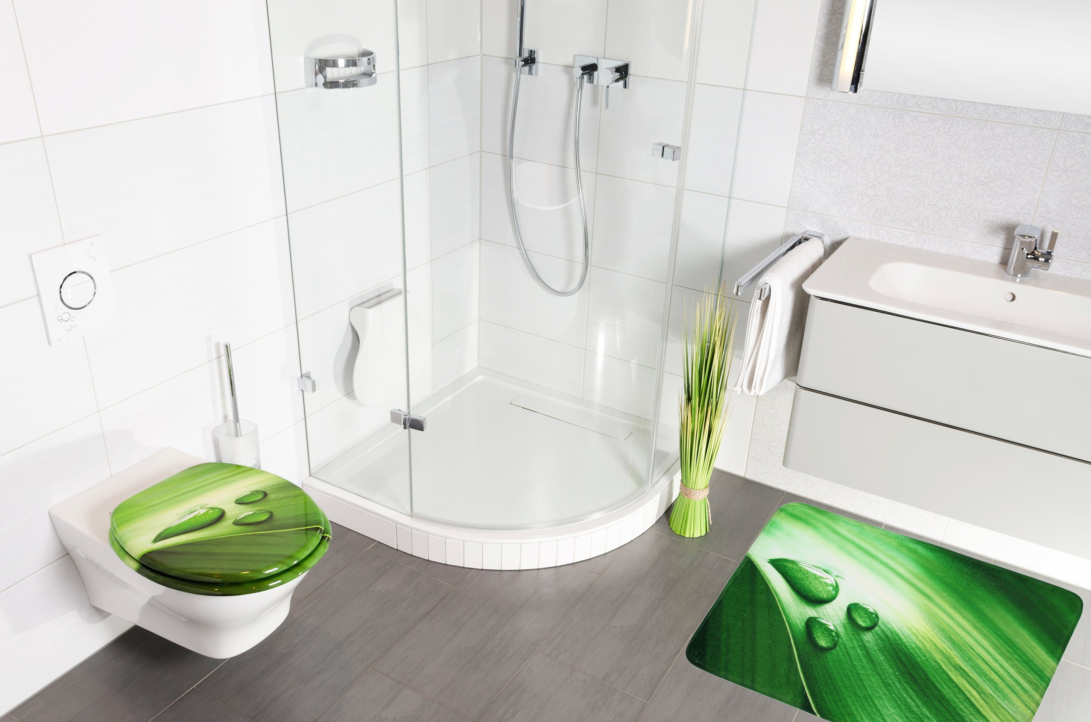 Sanilo Set badkameraccessoires Green Leaf bestaand uit toiletzitting, badmat en wastafelplug (complete set, 3-delig)