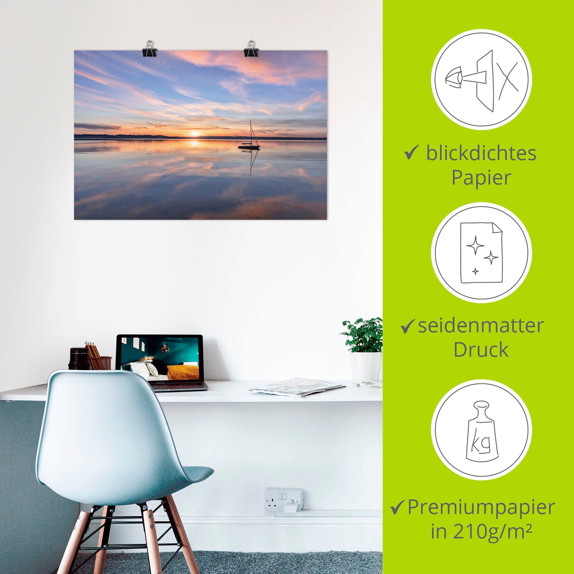 Artland Artprint Zonsondergang aan het Starnberger meer II als artprint van aluminium, artprint op linnen, muursticker of poster in verschillende maten
