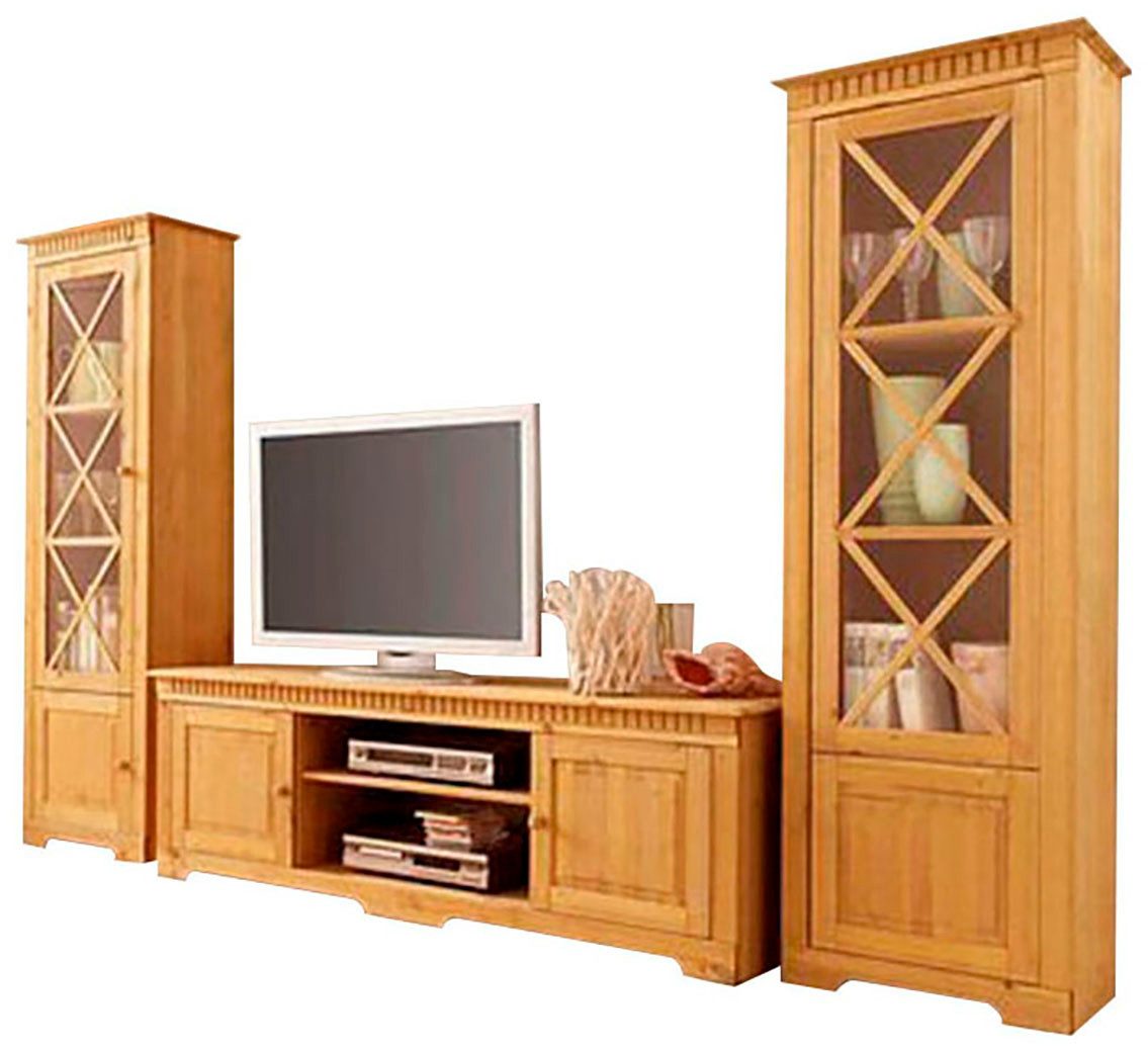 Home affaire Wandmeubel Lisa bestaand uit twee vitrinekasten en een tv-meubel, massief grenenhout (set, 3-delig) tv-wandmeubels beige