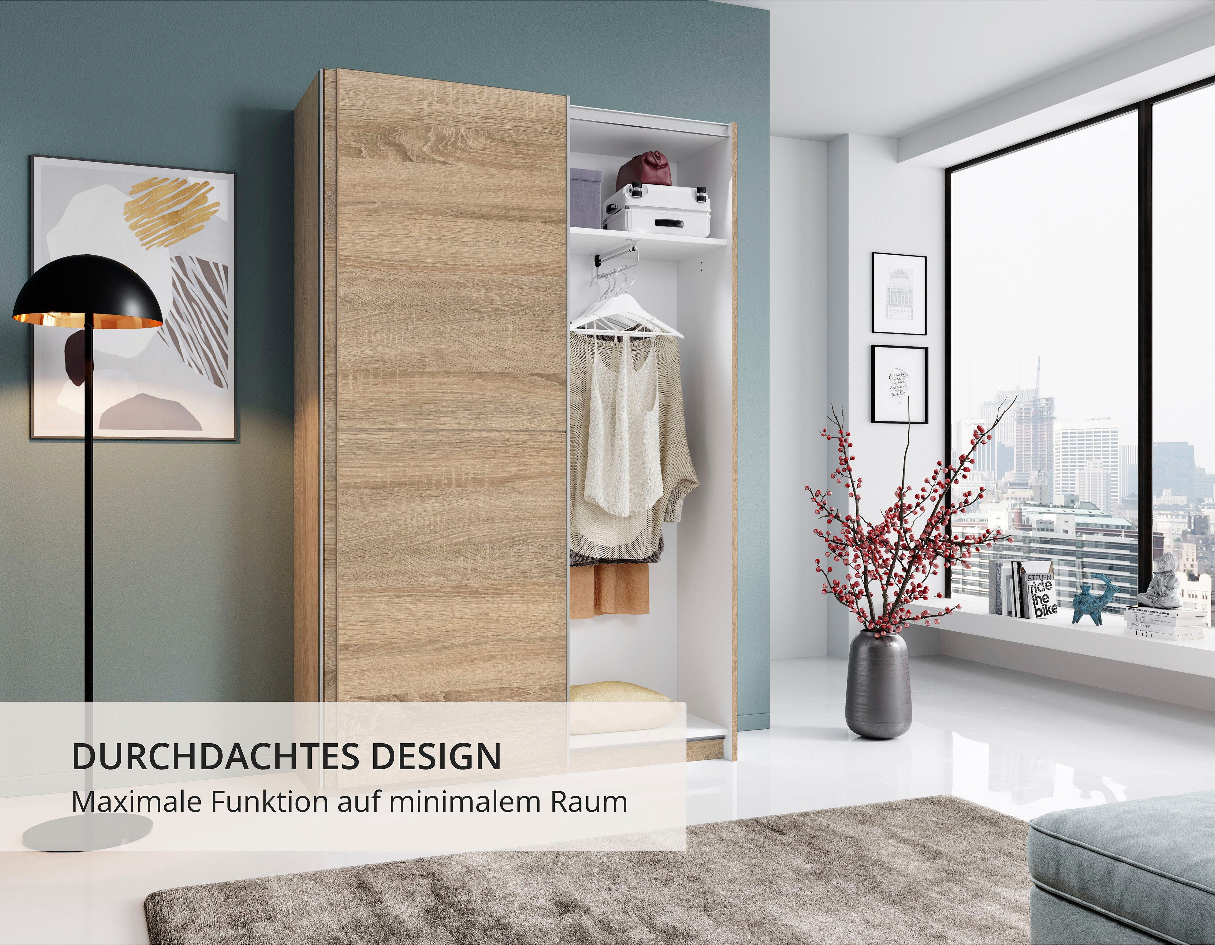 Schlafkontor Schuifdeurkast Heimo/Fast kast kledingkast garderobe OTTO´s CHOICE weinig diepte, uitschuifbare kledingstang, garderobekast, 6 planken