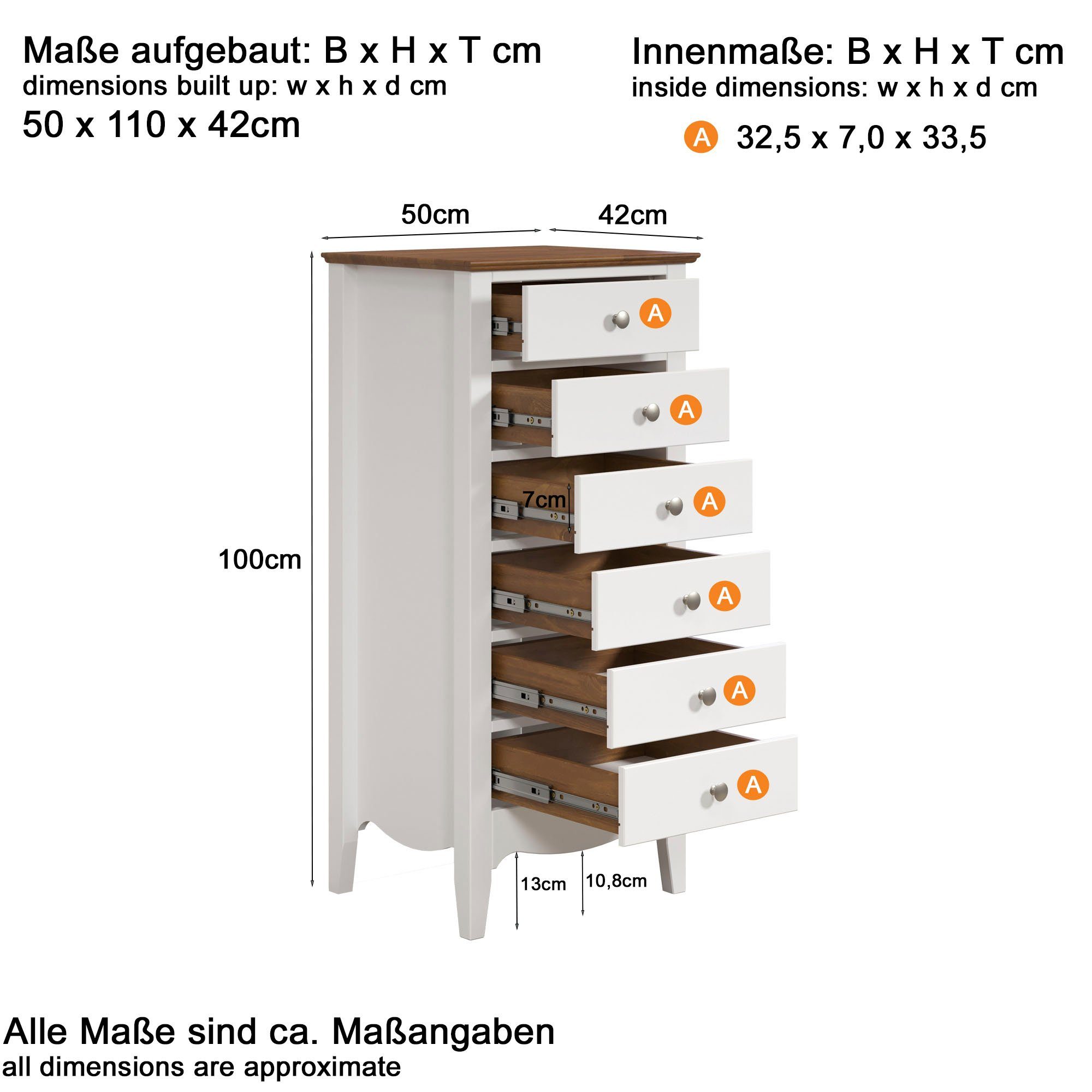 INTER-FURN Kast Lissabon Gedeeltelijk massief grenen, 6 laden, metalen grepen, BxHxD: 50x110x42 cm