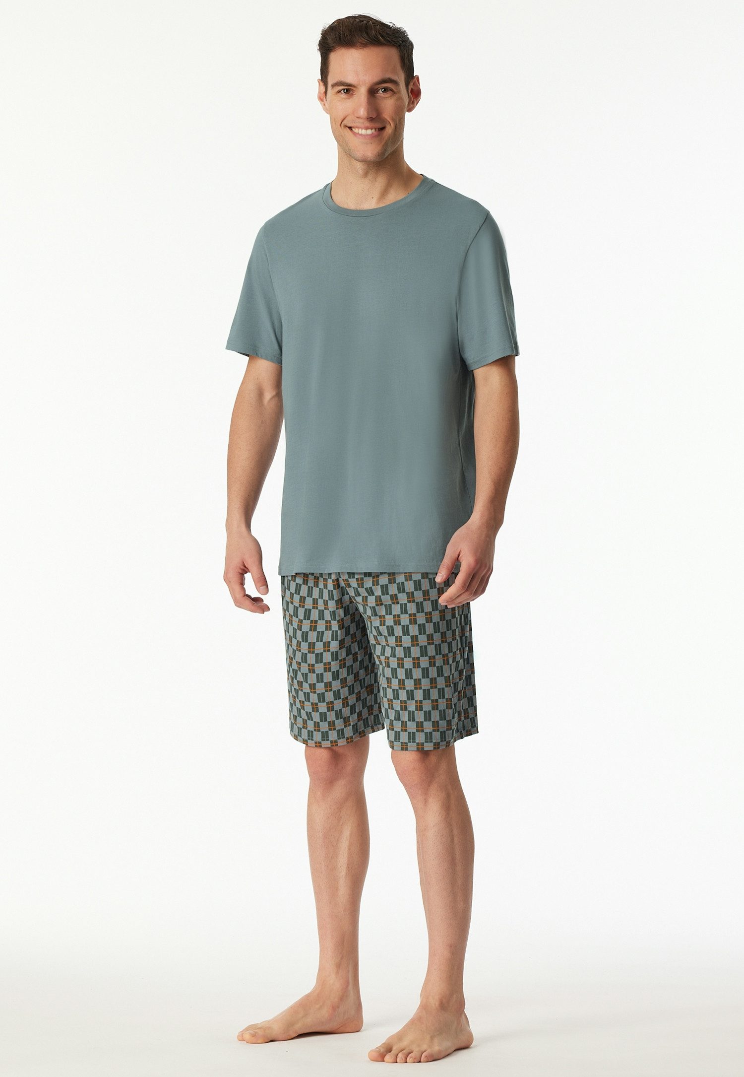 Schiesser Shortama Casual Essentials met effen bovenstuk en gedessineerde broek (2-delig)