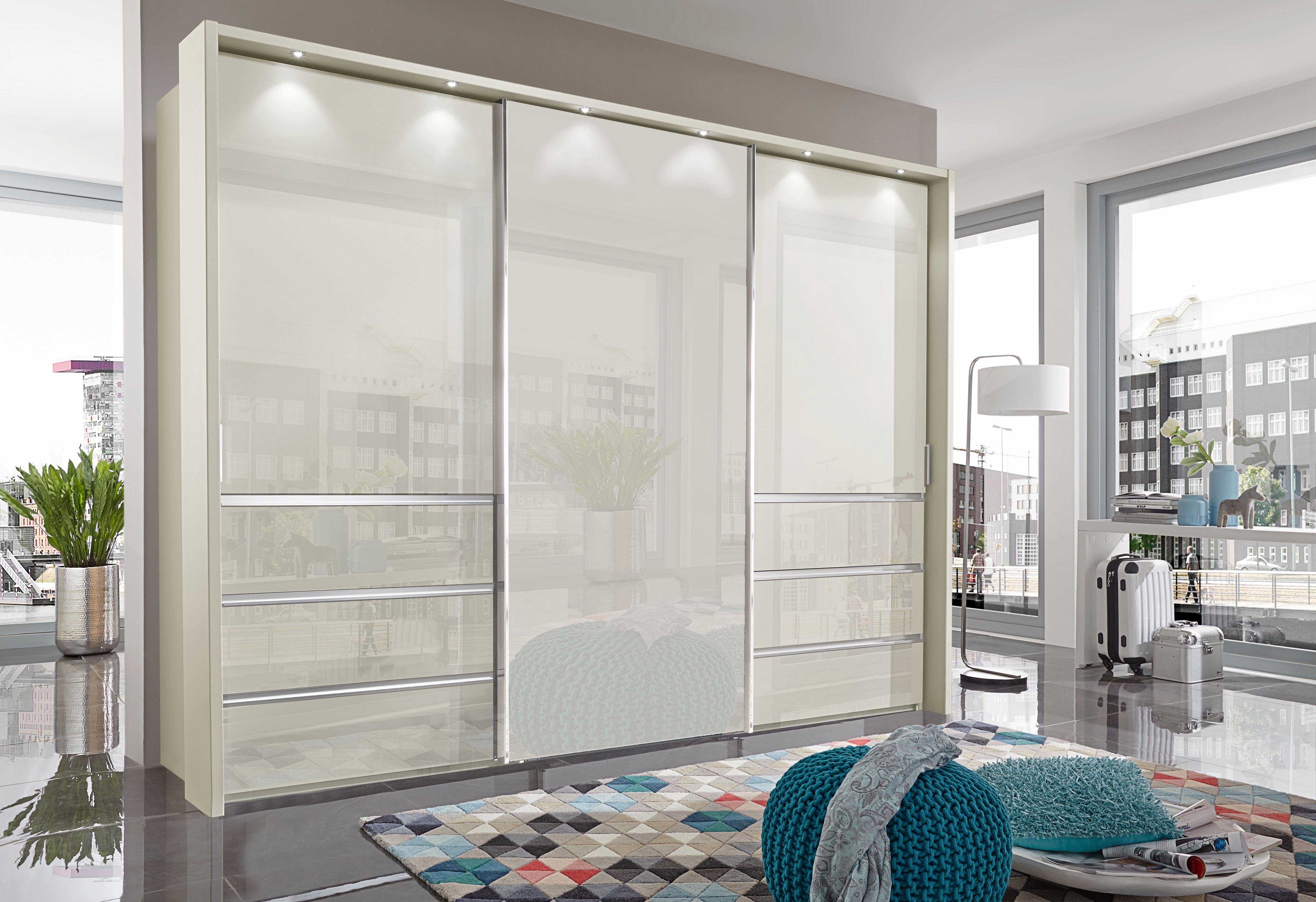WIEMANN Zweefdeurkast Malibu, stijlvolle design, gemaakt in Duitsland met glazen front, in verschillende breedten, zelfsluitende laden