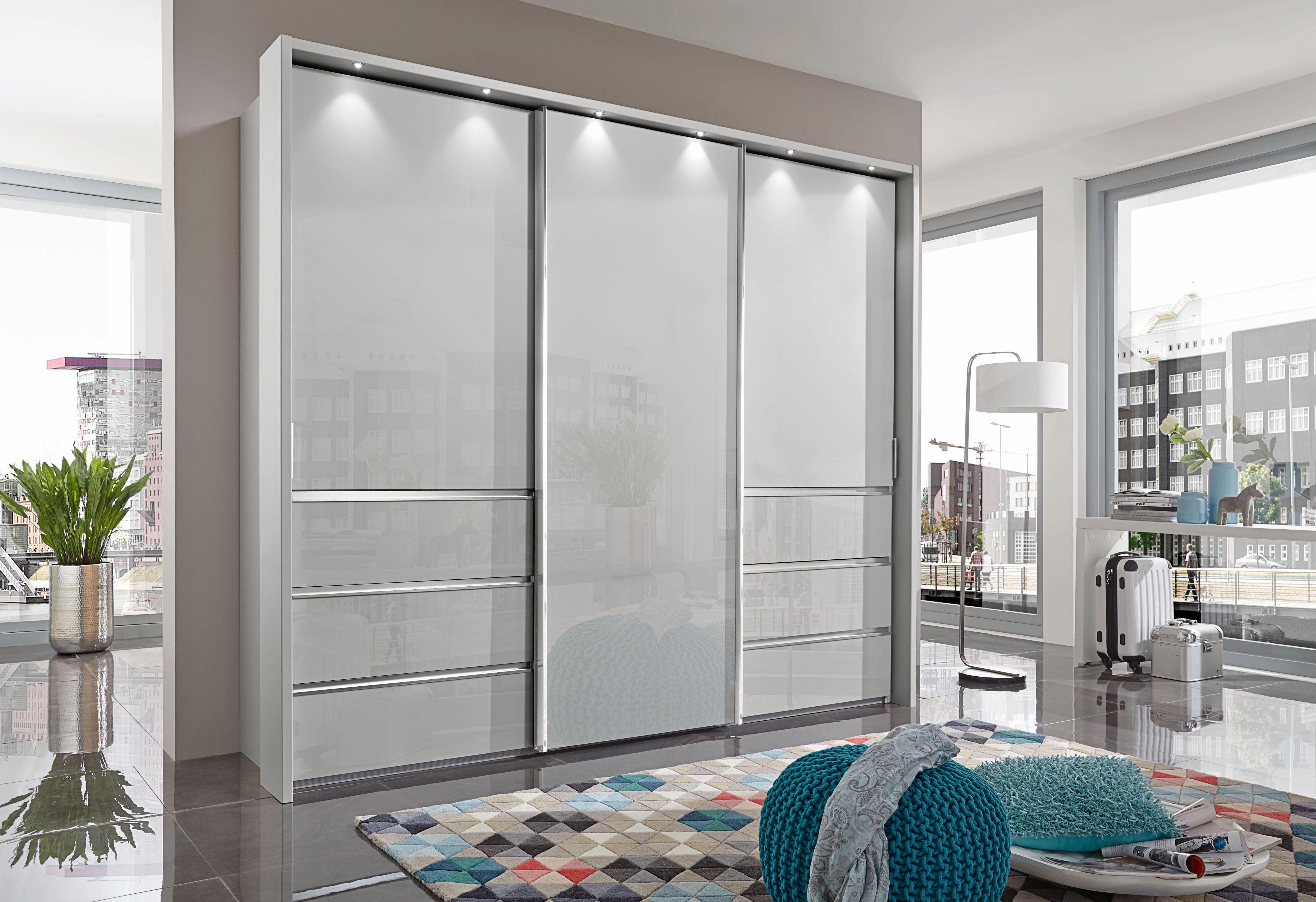 WIEMANN Zweefdeurkast Malibu, stijlvolle design, gemaakt in Duitsland met glazen front, in verschillende breedten, zelfsluitende laden