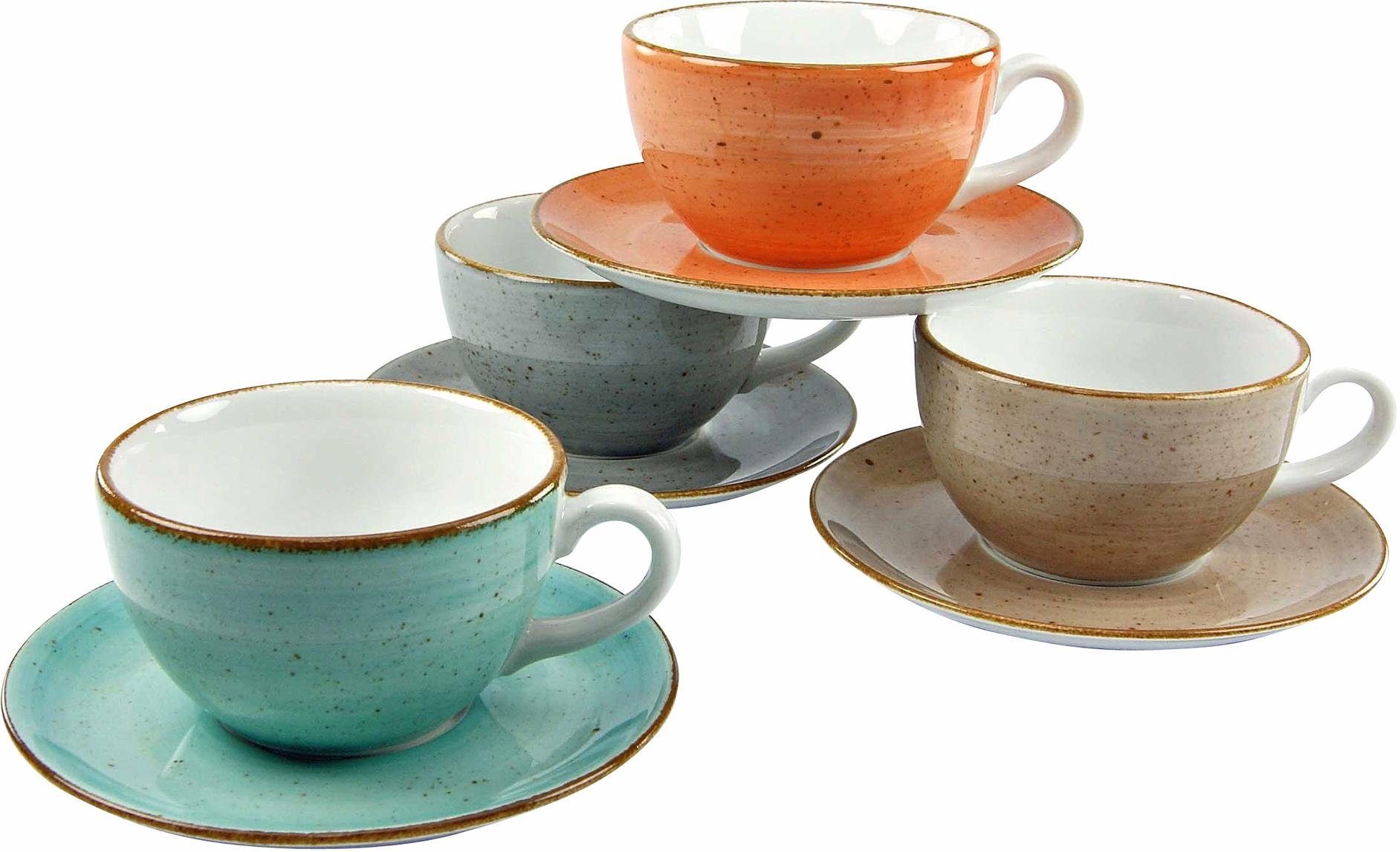CreaTable Cappuccinokopje Koffiekopje vintage nature Kopjesset, 4 kopjes, 4 schoteltjes (set, 8-delig)