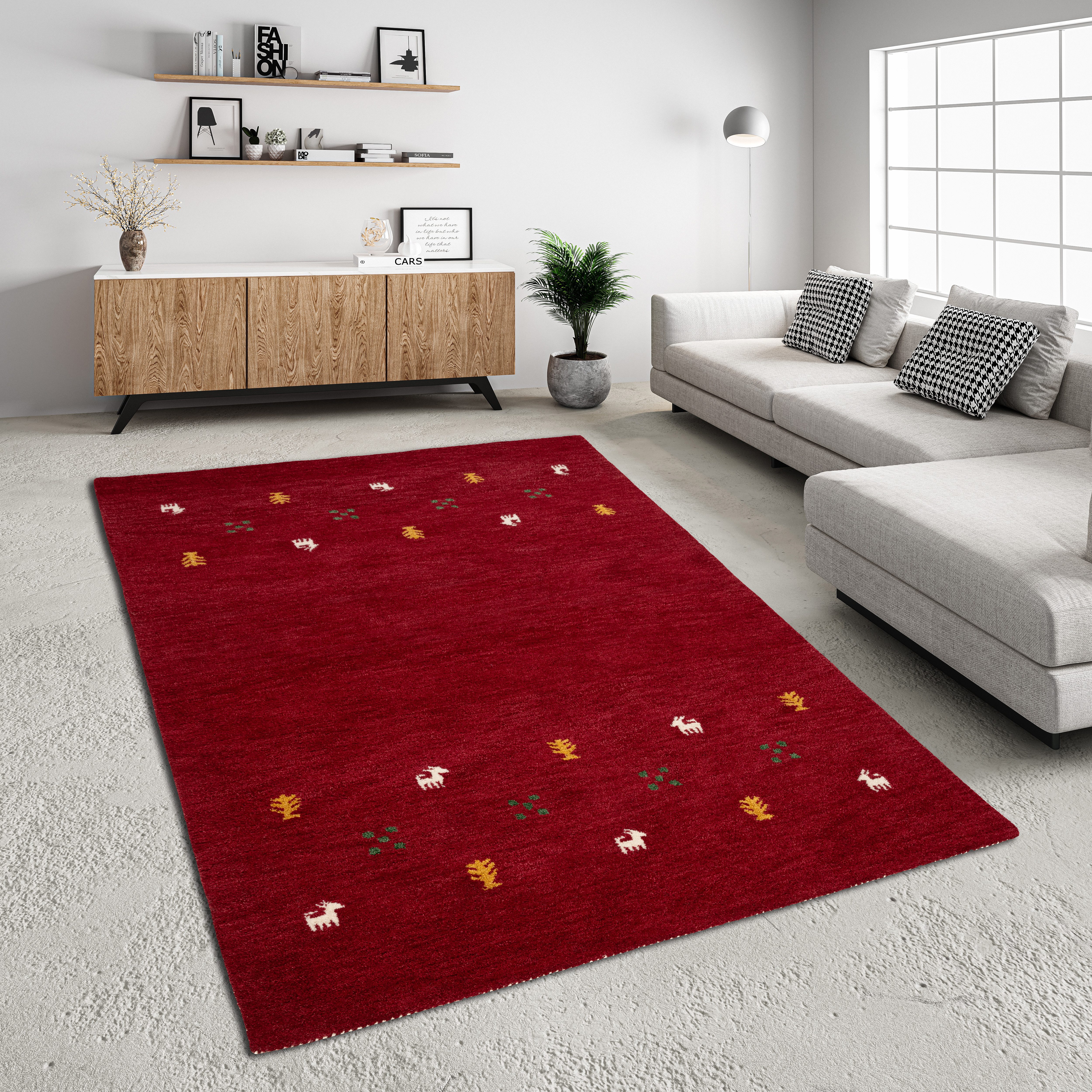 THEKO Wollen kleed Gabbeh motief, handgeweven tapijt, dierenmotief, 100% wol, handgeweven wollen vloerkleden maat 240 cm x 340 cm x 14 mm rood