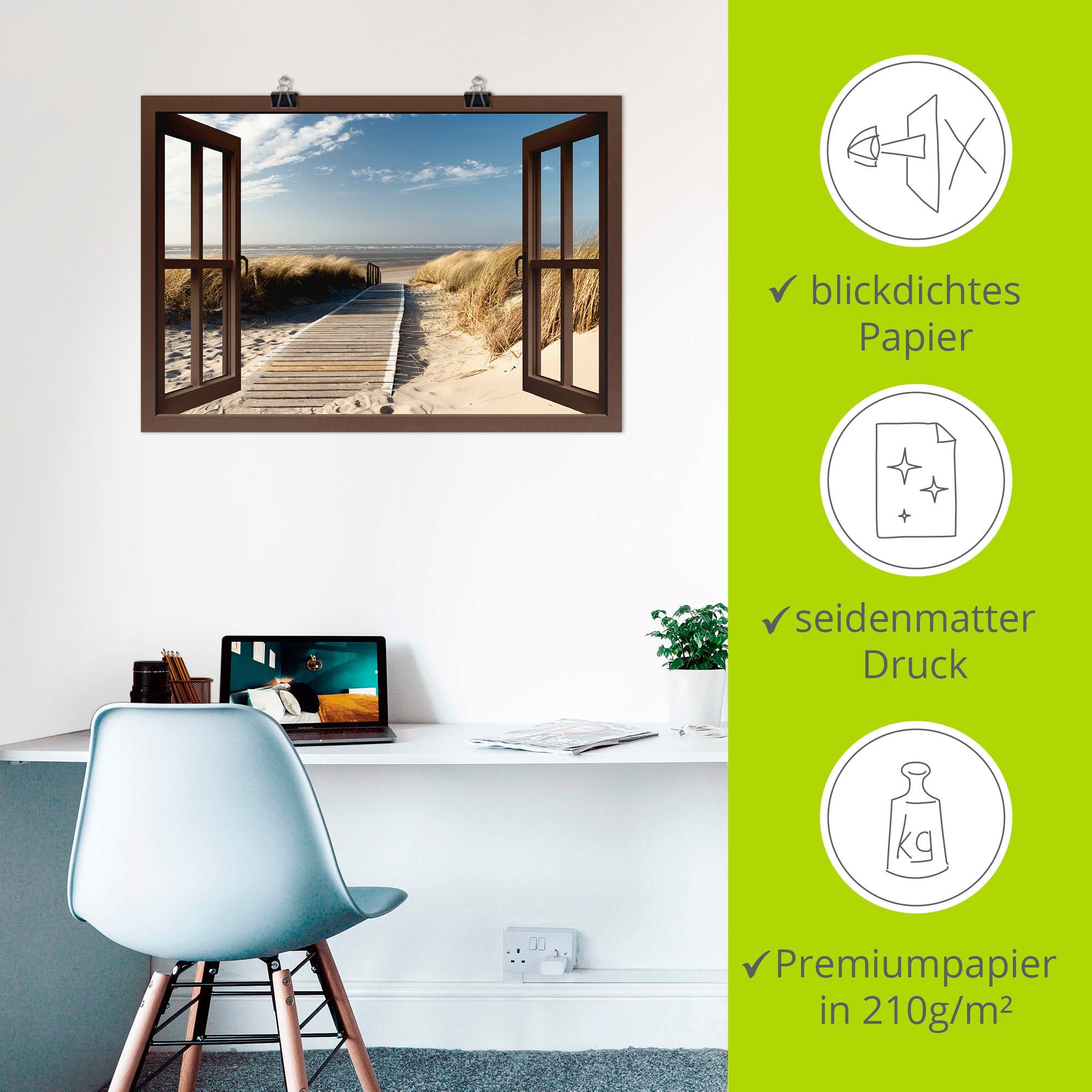 Artland Artprint Blik uit het venster Noordzeestrand op Langeoog als artprint op linnen, poster, muursticker in verschillende maten
