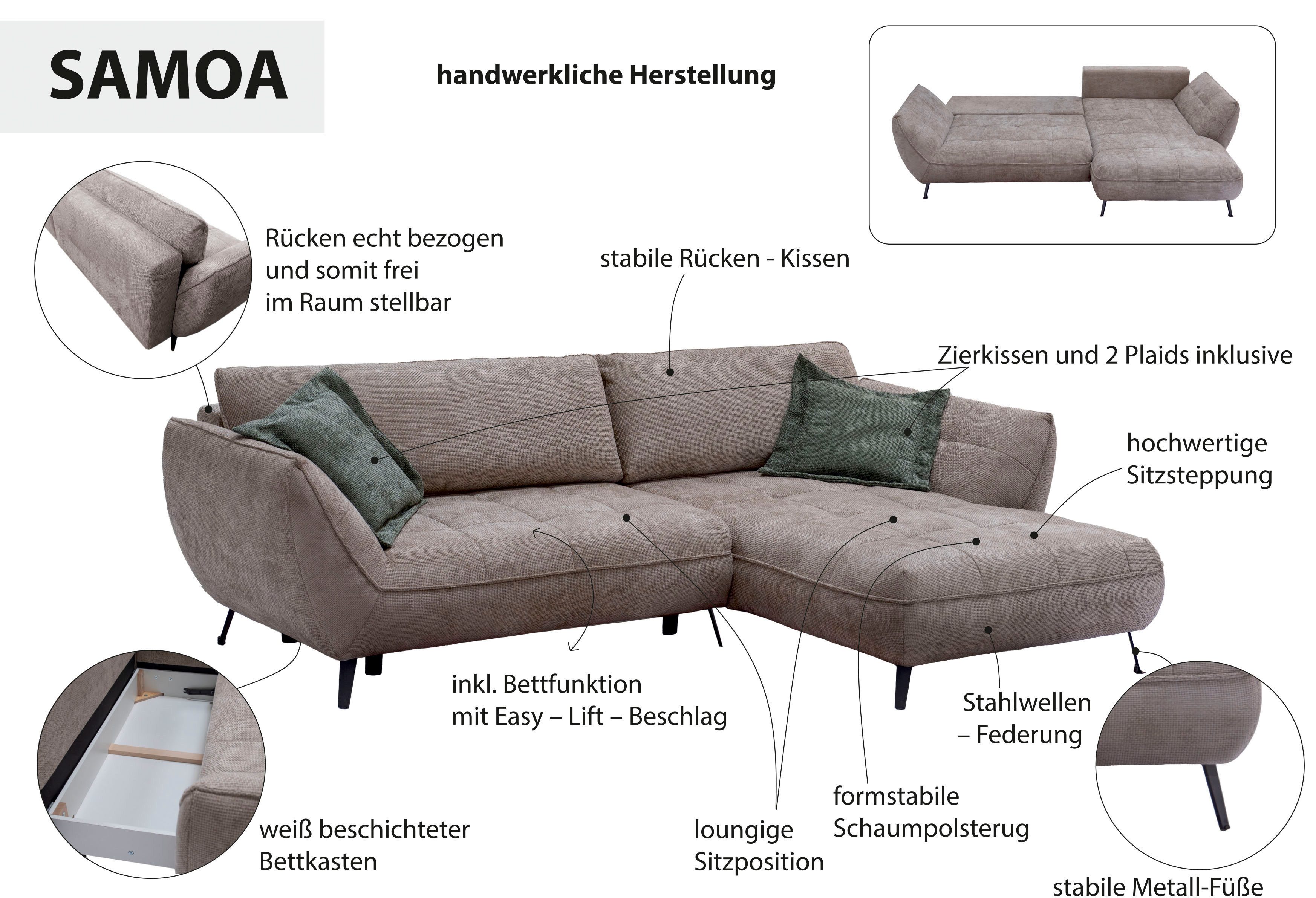 exxpo - sofa fashion Hoekbank Samoa, comfortabel en modern, met Easy-Lift bedfunctie, L-vorm