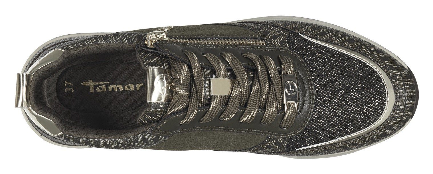 Tamaris Sneakers met sleehak vrijetijdsschoen, lage schoen, veterschoen met trendy metallic-details