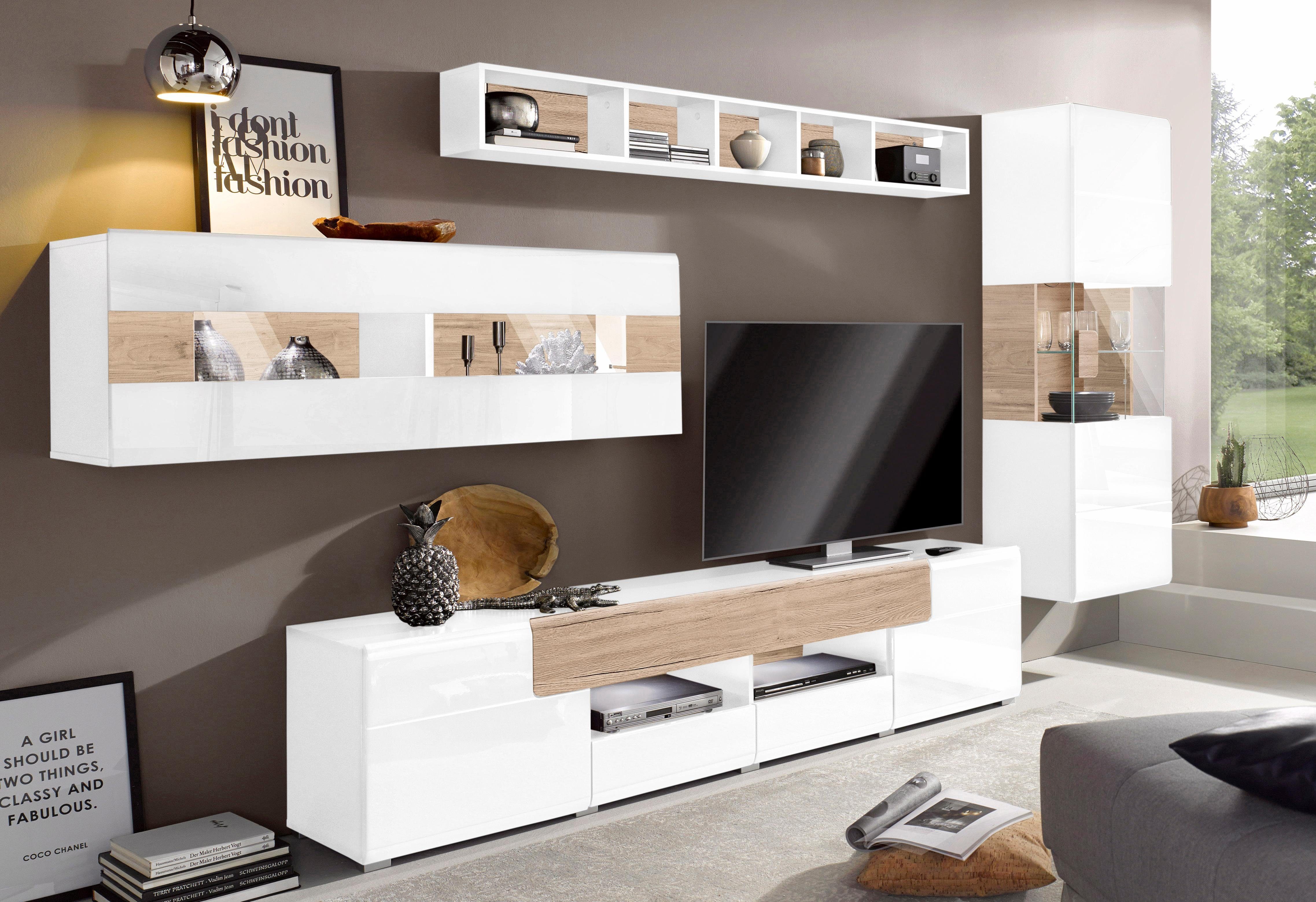 INOSIGN Wandmeubel Toledo, set, 4 stuks, stijlvol mediawandmeubel zonder verlichting Opbouwwand (2x hangvitrine, lowboard, wandplank) MDF hoogglans fronten (set, 4-delig)