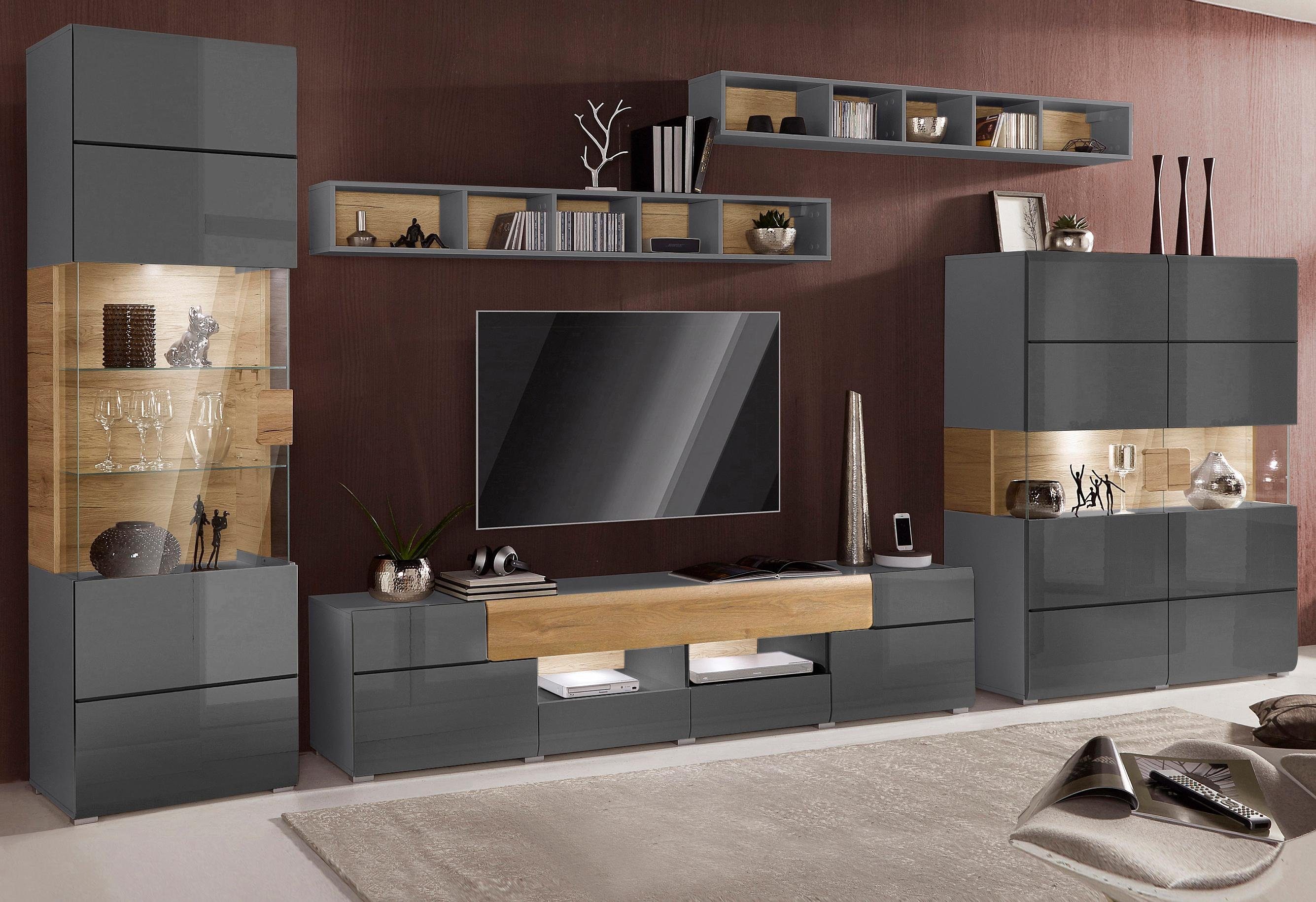 INOSIGN Wandmeubel Toledo, breedte 391cm stijlvolle mediawand zonder verlichting Opbouwwand (vitrine, lowboard, highboard, 2x hangplank) MDF hoogglans fronten (set, 5 stuks)