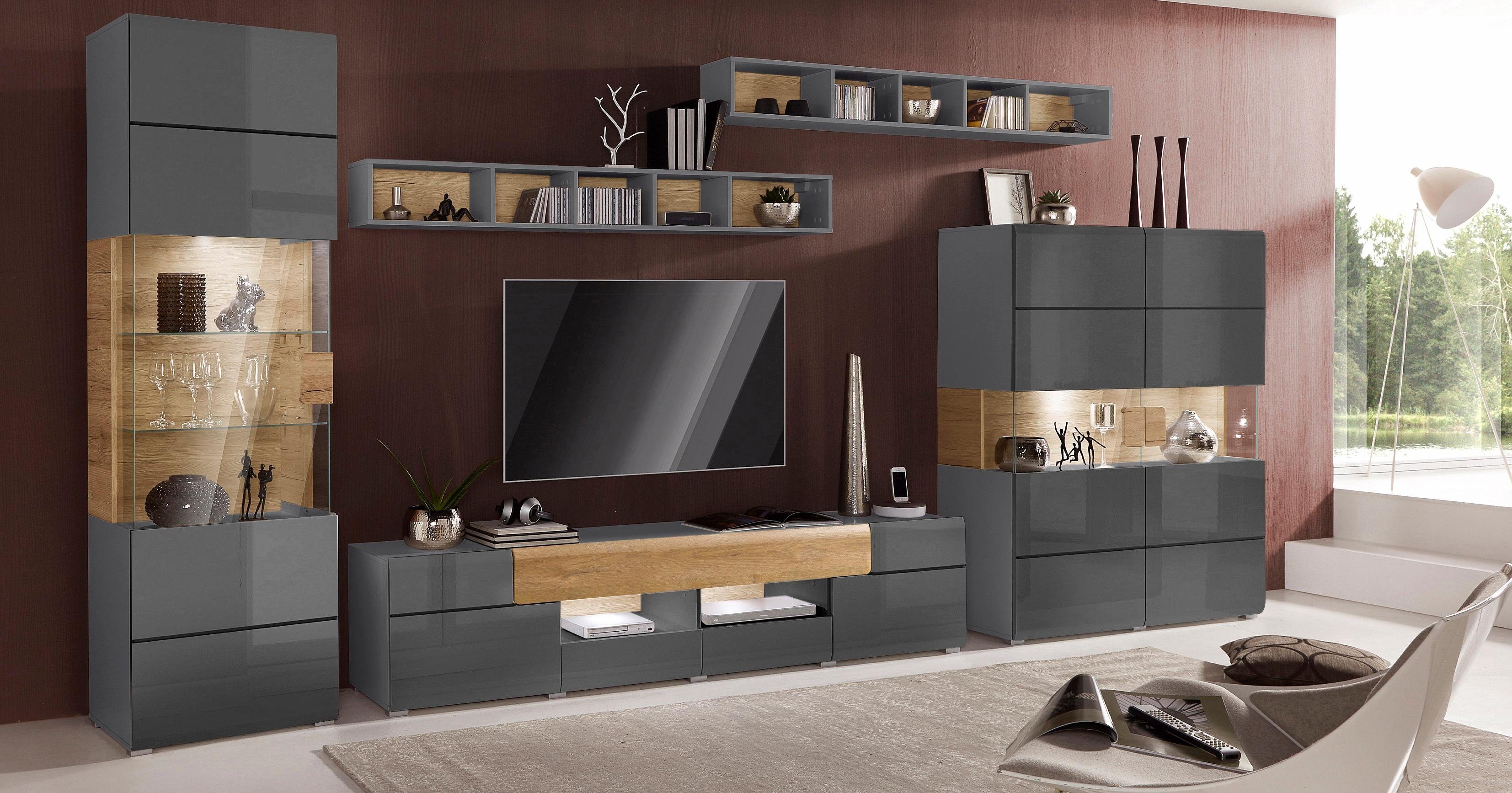 INOSIGN Wandmeubel Toledo, breedte 391cm stijlvolle mediawand zonder verlichting Opbouwwand (vitrine, lowboard, highboard, 2x hangplank) MDF hoogglans fronten (set, 5 stuks)