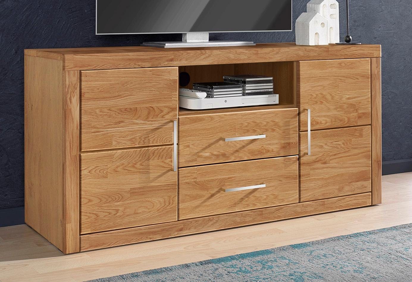 Home affaire Tv-meubel Logo, 130cm breed, fronten massief hout, 5 vakken lowboards maat 130x42x62 cm bruin
