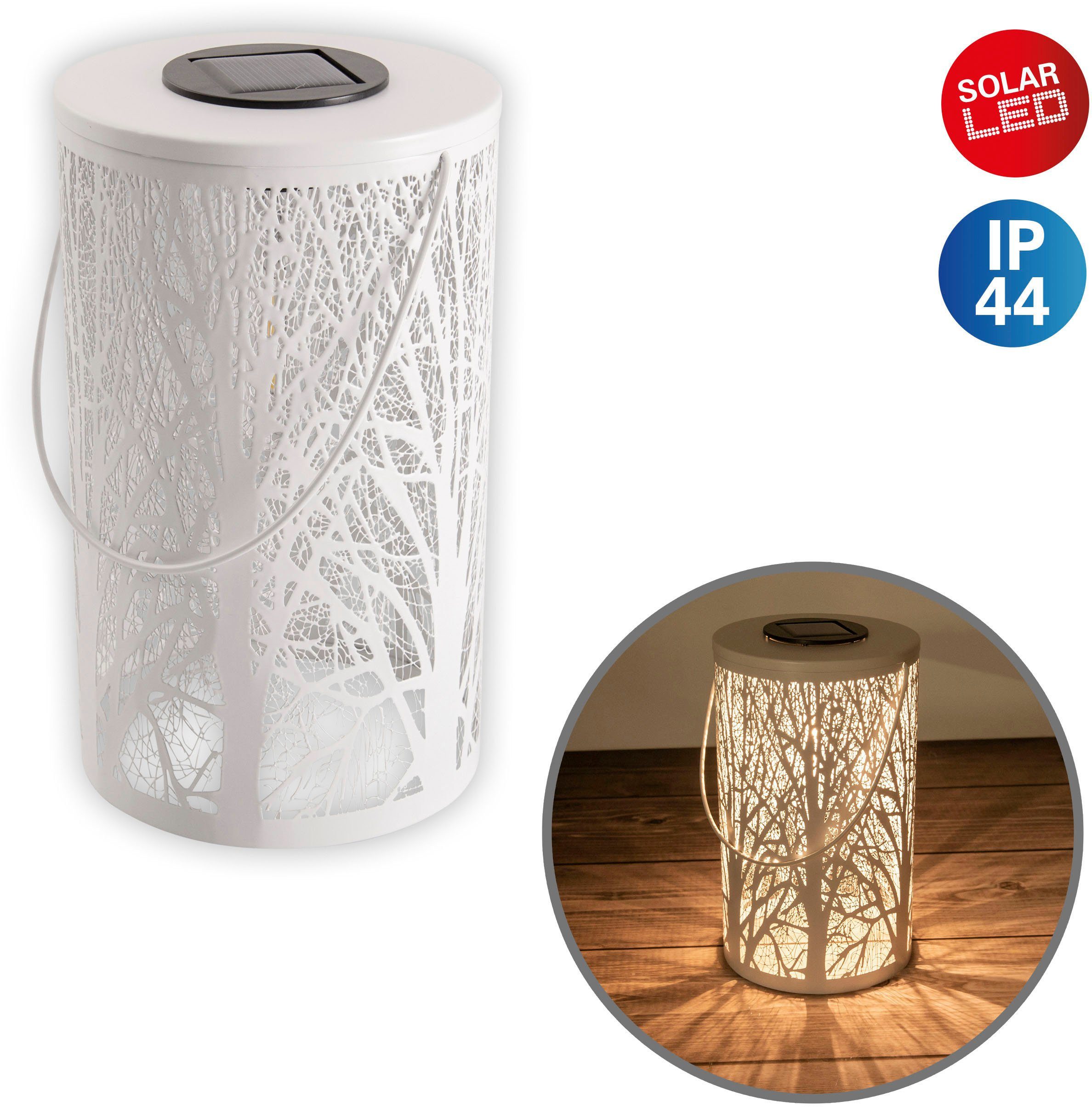 näve Ledsolarlamp Bos rond d: 12 cm, h: 20 cm, wit, bosmotief, warmwit licht, accu, handgreep (1 stuk) tuinlampen wit