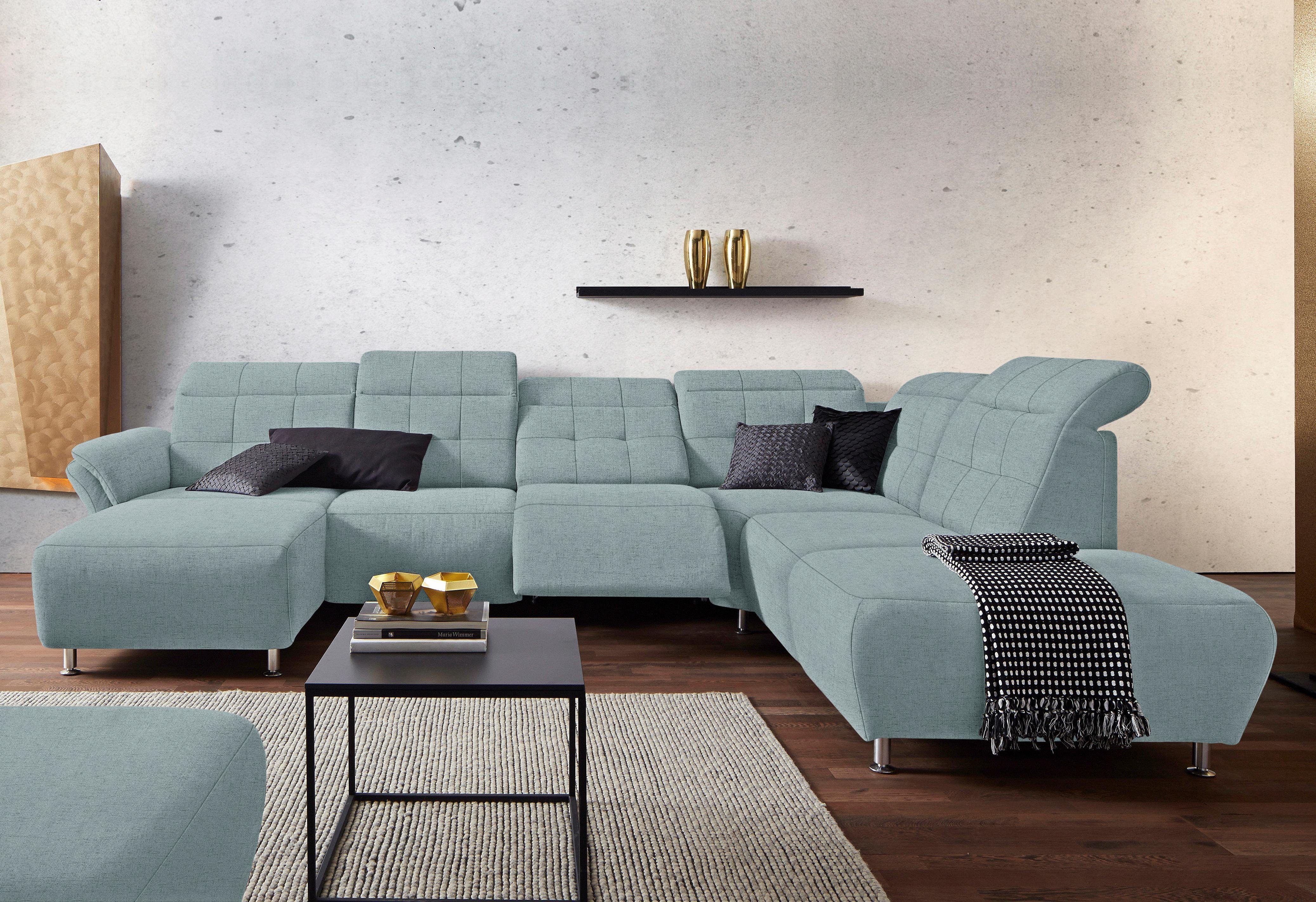 Places of Style Zithoek Manhattan U-vorm bank met elektrische relaxfunctie, verstelbare armleuningen blauw, zithoeken, 345 cm