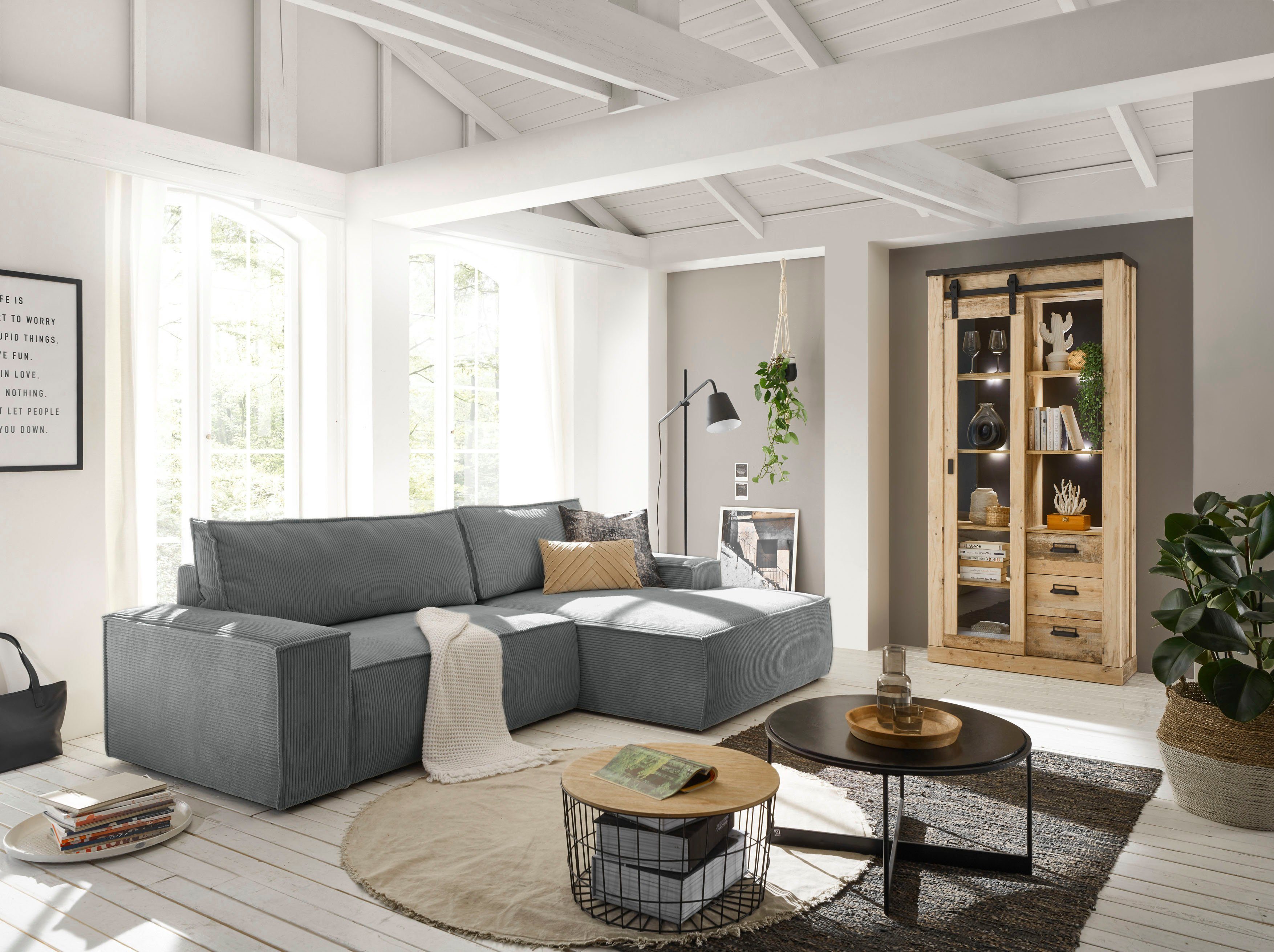 Home affaire Hoekbank SHERWOOD bedbank 267 cm, L-model, Slaapfunctie met bedlade (210x136 cm), cord, vintage, fluweel