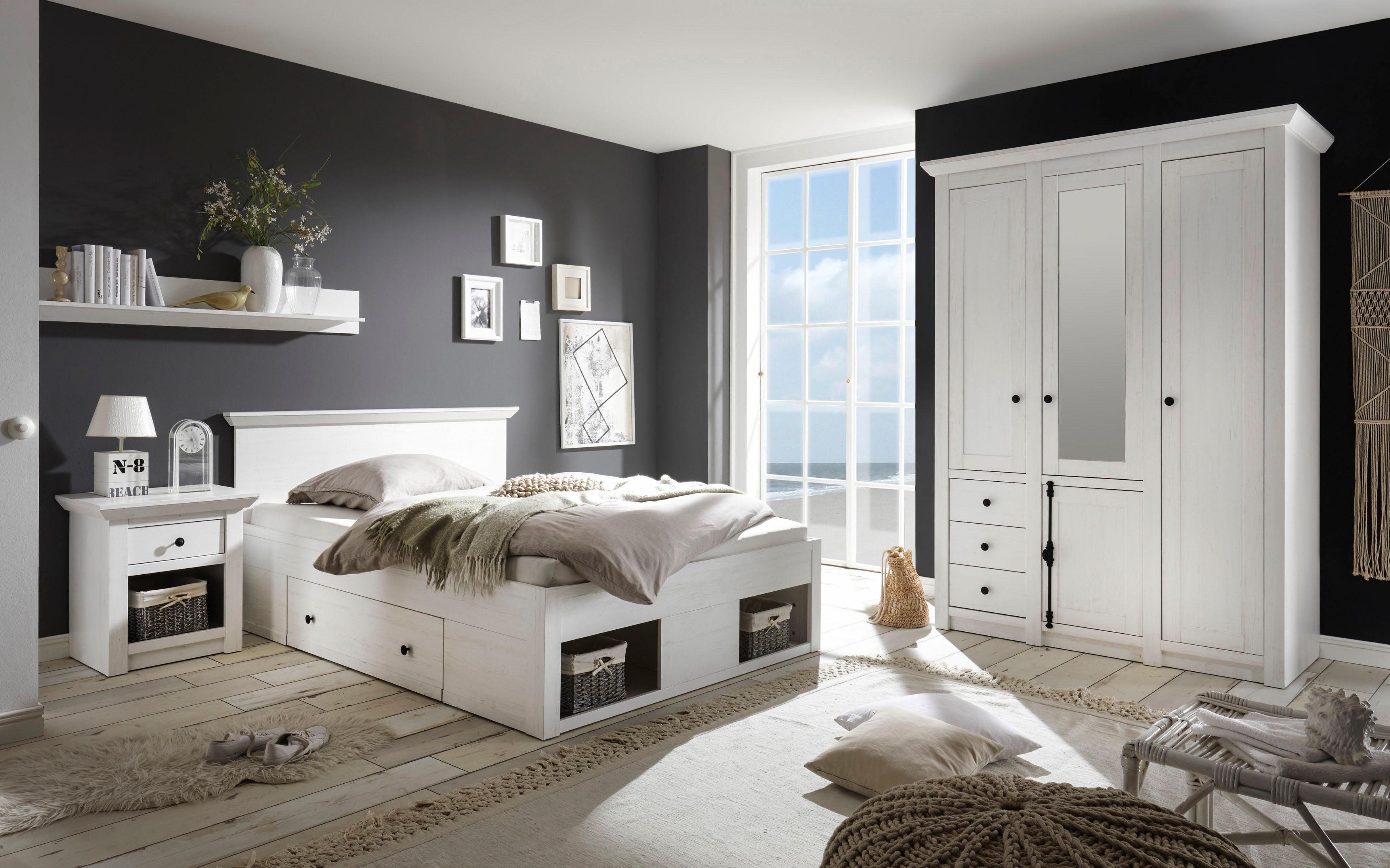 home affaire slaapkamerserie california klein, bed 140 cm, 1 nachtkastje en 3-deurs kledingkast (set, 3-delig) wit