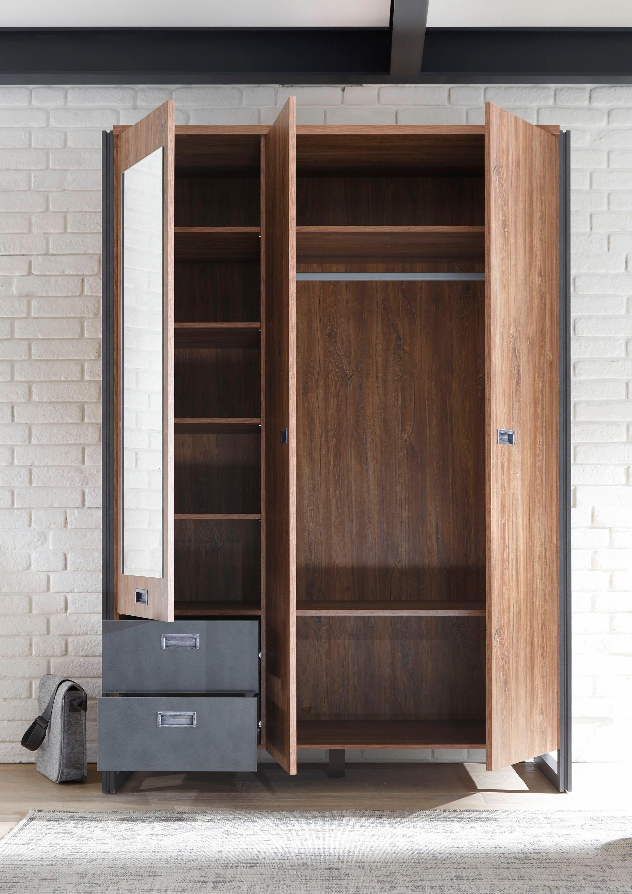 Home affaire Draaideurkast Detroit lades in leisteenlook, metalen grepen Kledingkast met spiegel garderobe in de breedtes: 99/143 of 232cm