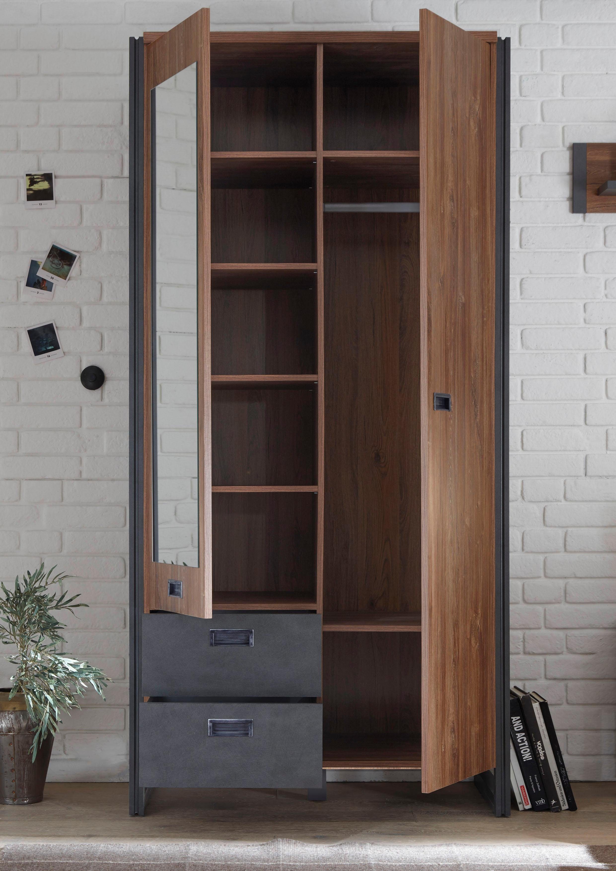 Home affaire Draaideurkast Detroit lades in leisteenlook, metalen grepen Kledingkast met spiegel garderobe in de breedtes: 99/143 of 232cm