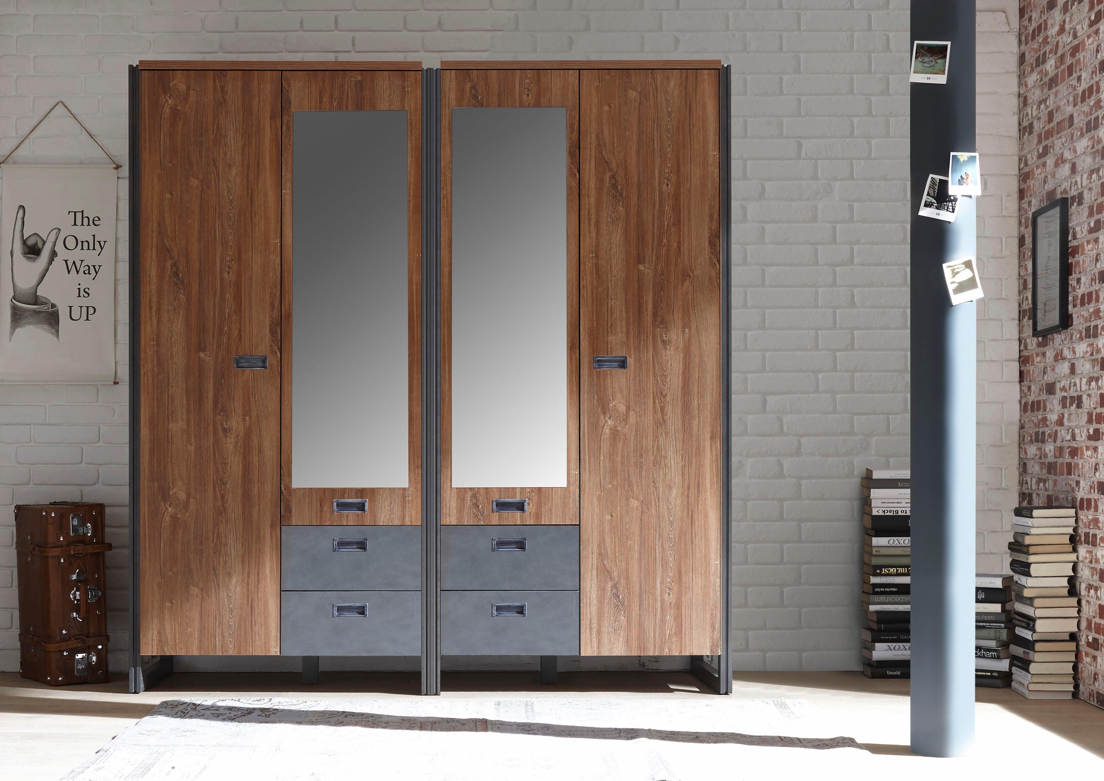 Home affaire Draaideurkast Detroit lades in leisteenlook, metalen grepen Kledingkast met spiegel garderobe in de breedtes: 99/143 of 232cm