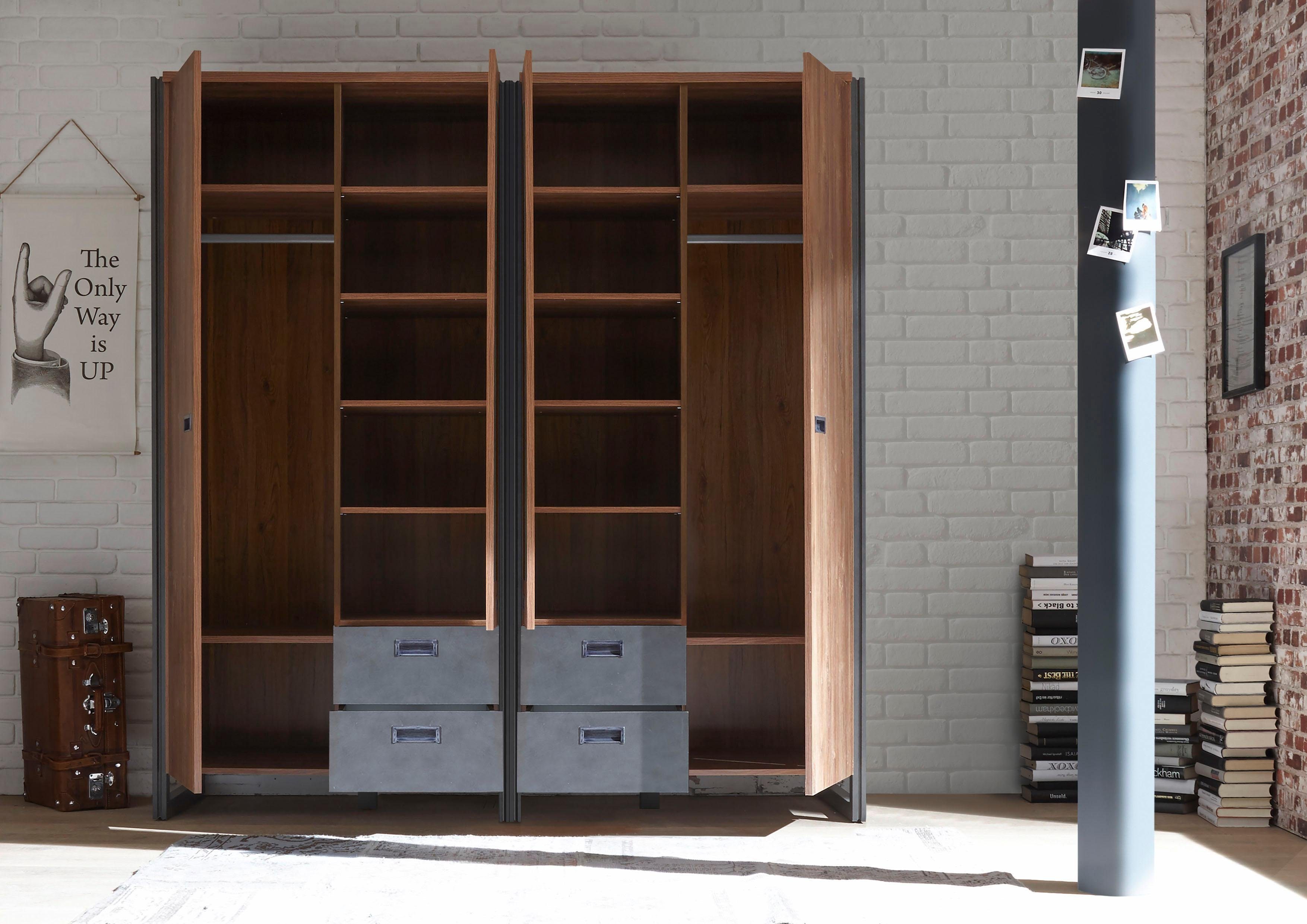 Home affaire Draaideurkast Detroit lades in leisteenlook, metalen grepen Kledingkast met spiegel garderobe in de breedtes: 99/143 of 232cm
