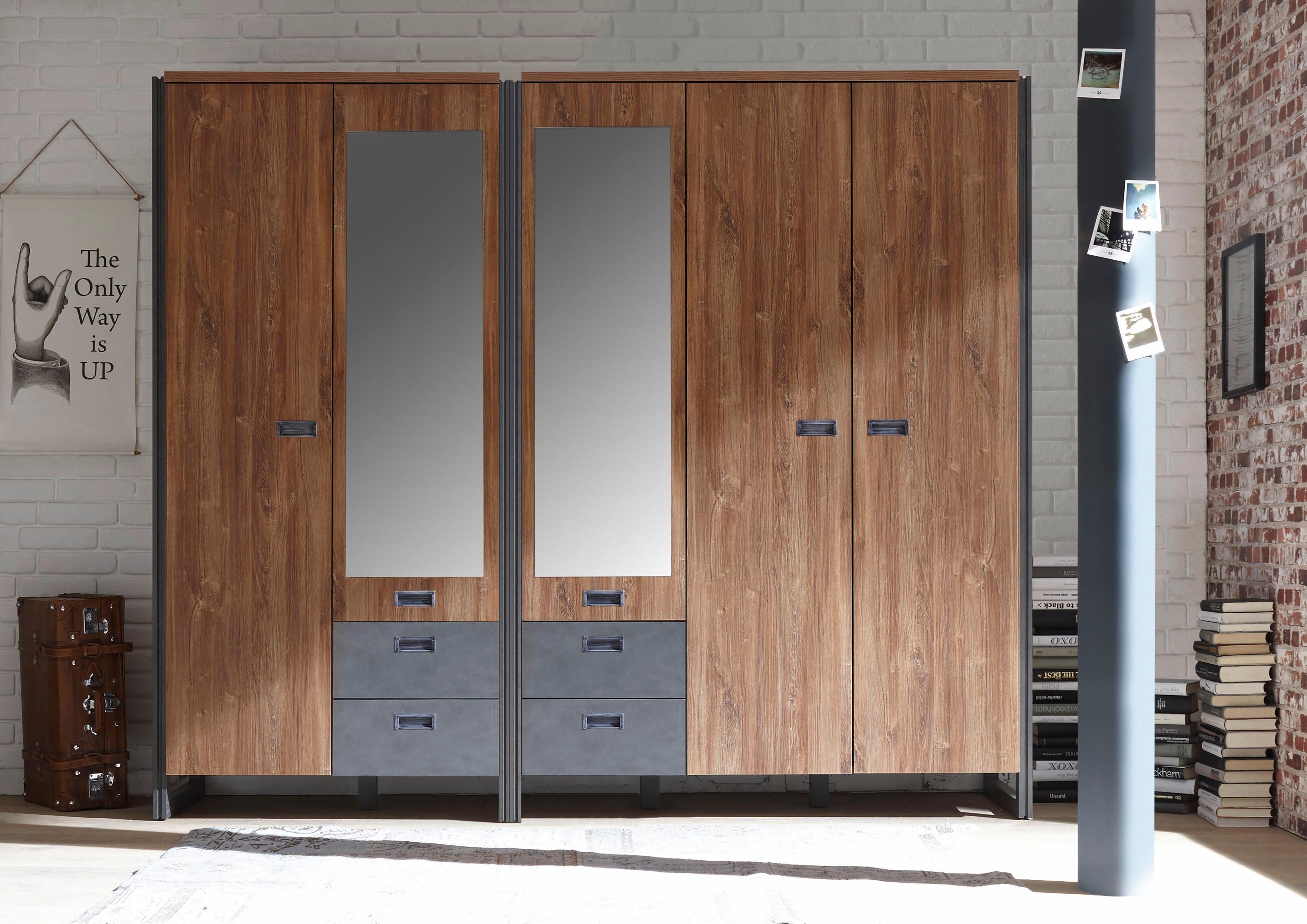 Home affaire Draaideurkast Detroit lades in leisteenlook, metalen grepen Kledingkast met spiegel garderobe in de breedtes: 99/143 of 232cm
