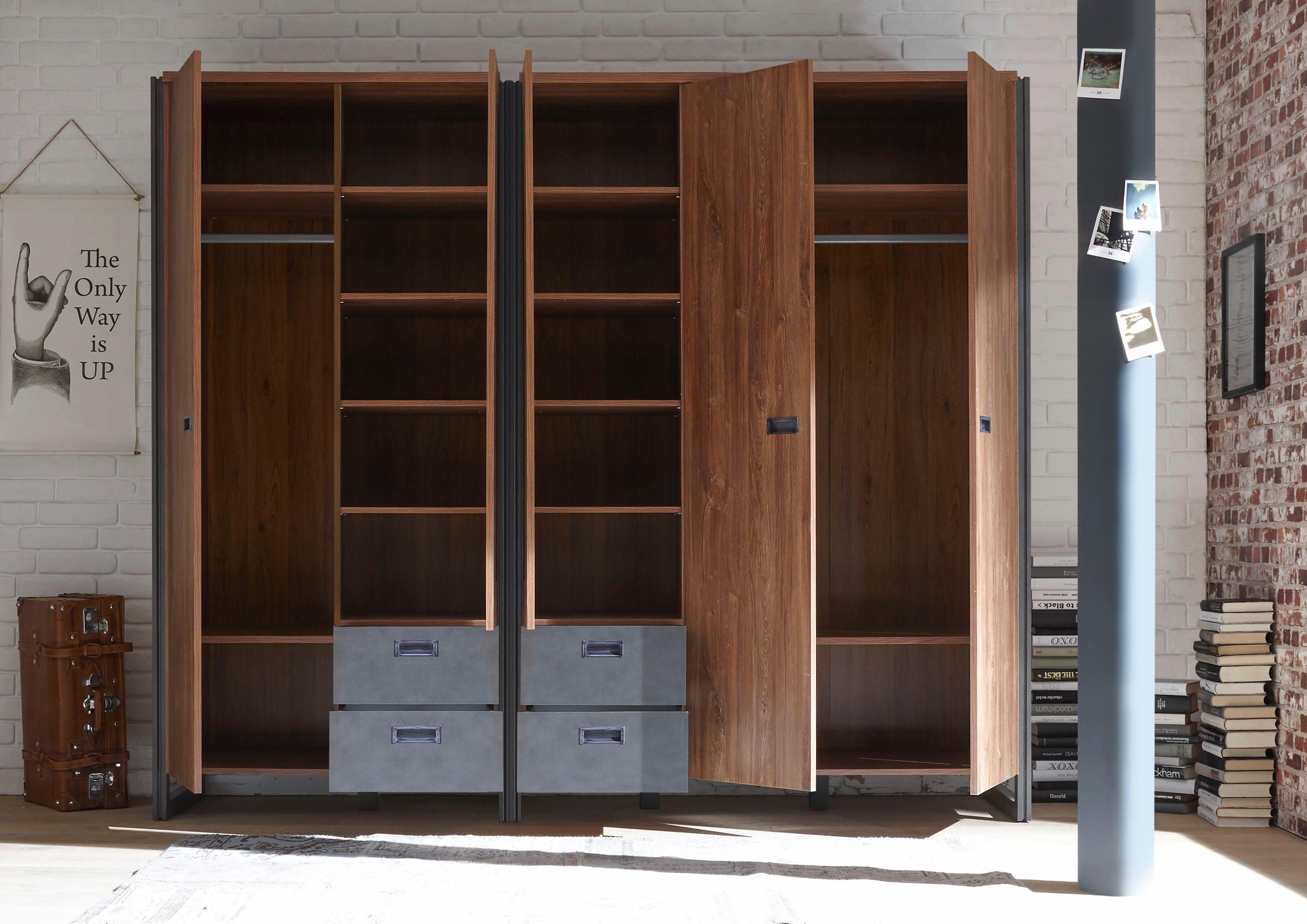 Home affaire Draaideurkast Detroit lades in leisteenlook, metalen grepen Kledingkast met spiegel garderobe in de breedtes: 99/143 of 232cm