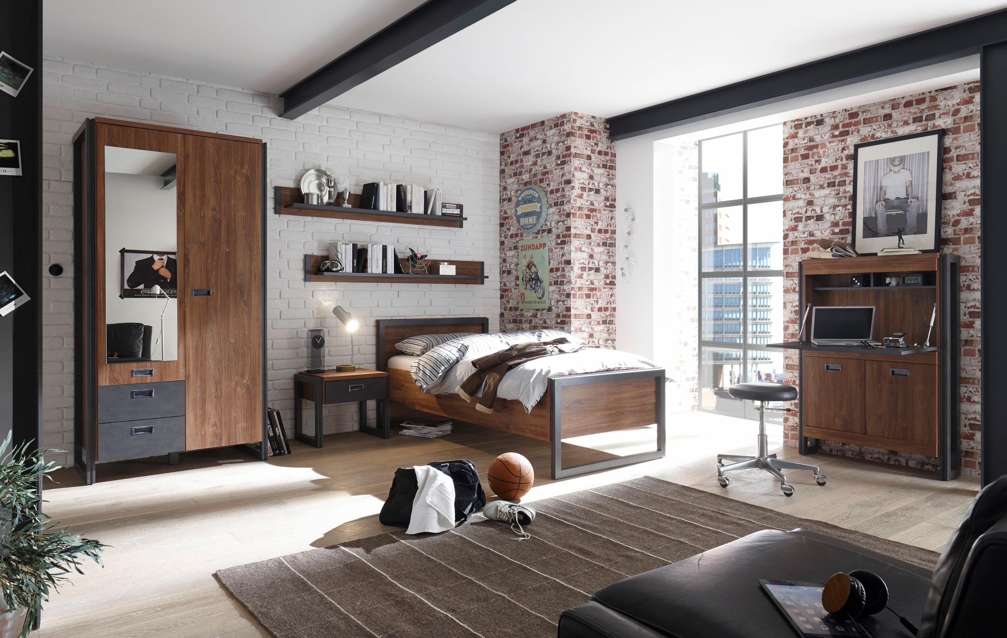 Home affaire Draaideurkast Detroit lades in leisteenlook, metalen grepen Kledingkast met spiegel garderobe in de breedtes: 99/143 of 232cm