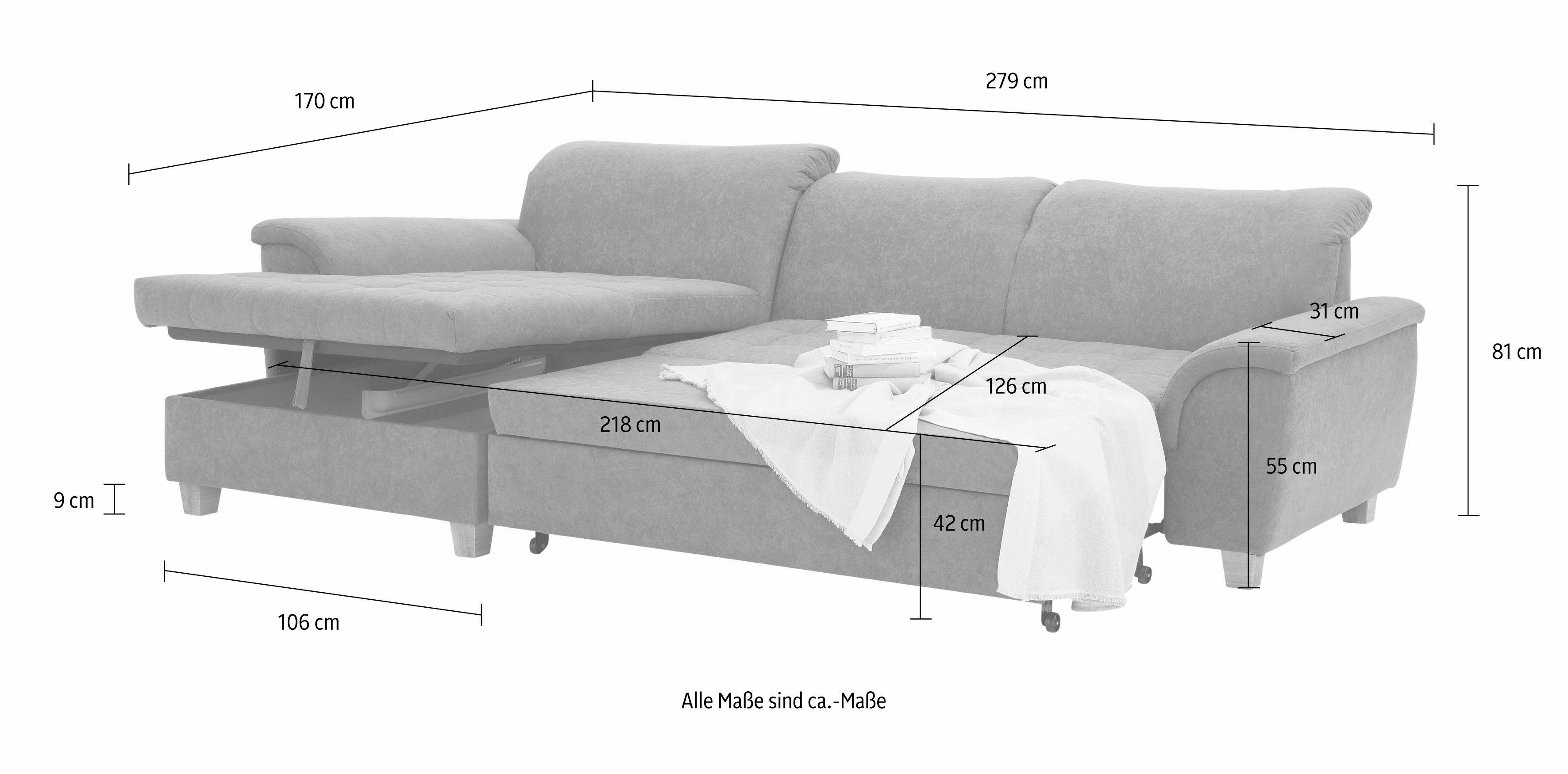 Home affaire Hoekbank Lyla L-vorm met récamier, naar keuze met verstelbare rugleuning en bovendien met bed