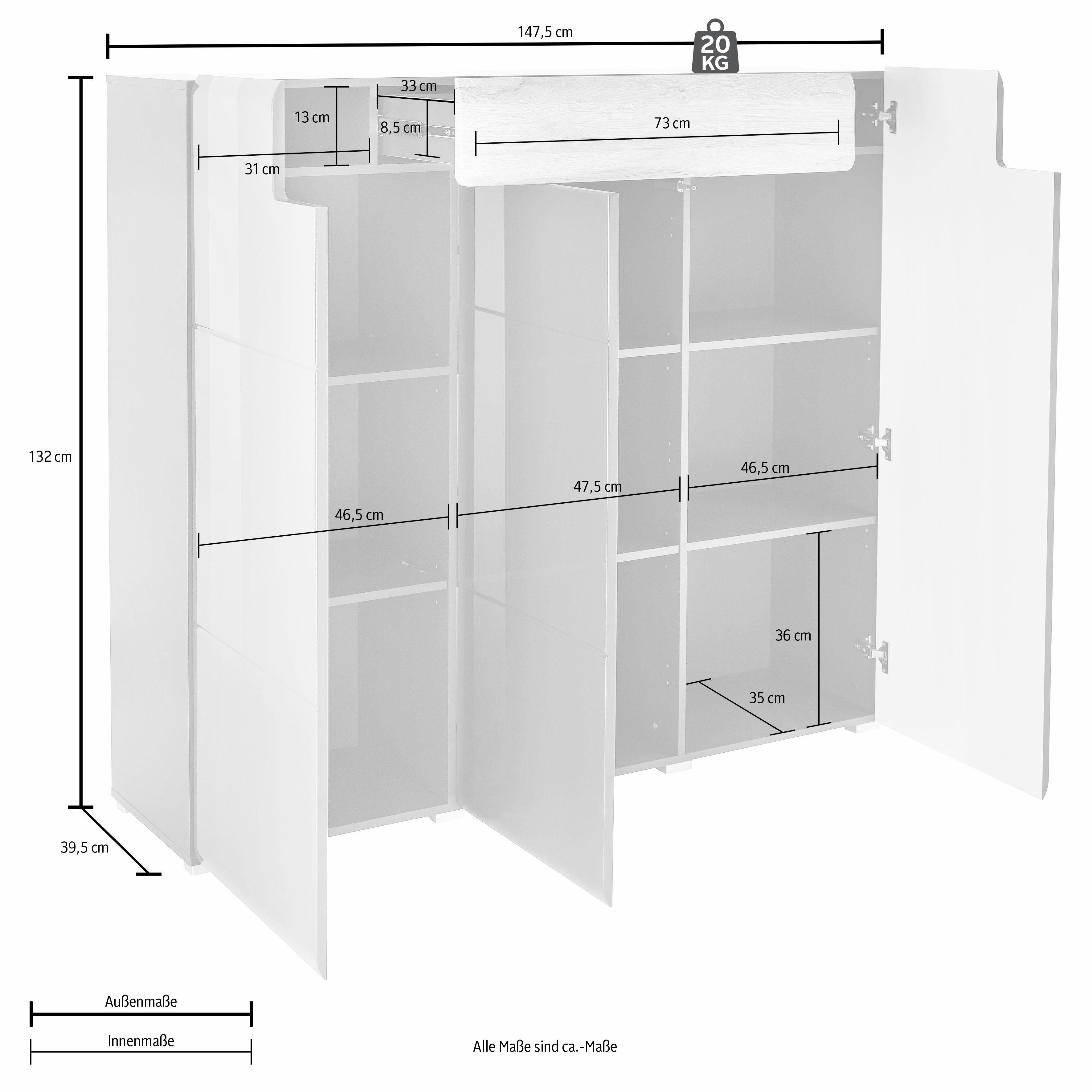 INOSIGN Highboard Toledo, breedte 147,5 cm, modieuze hoge kast met 3 deuren 1 lade