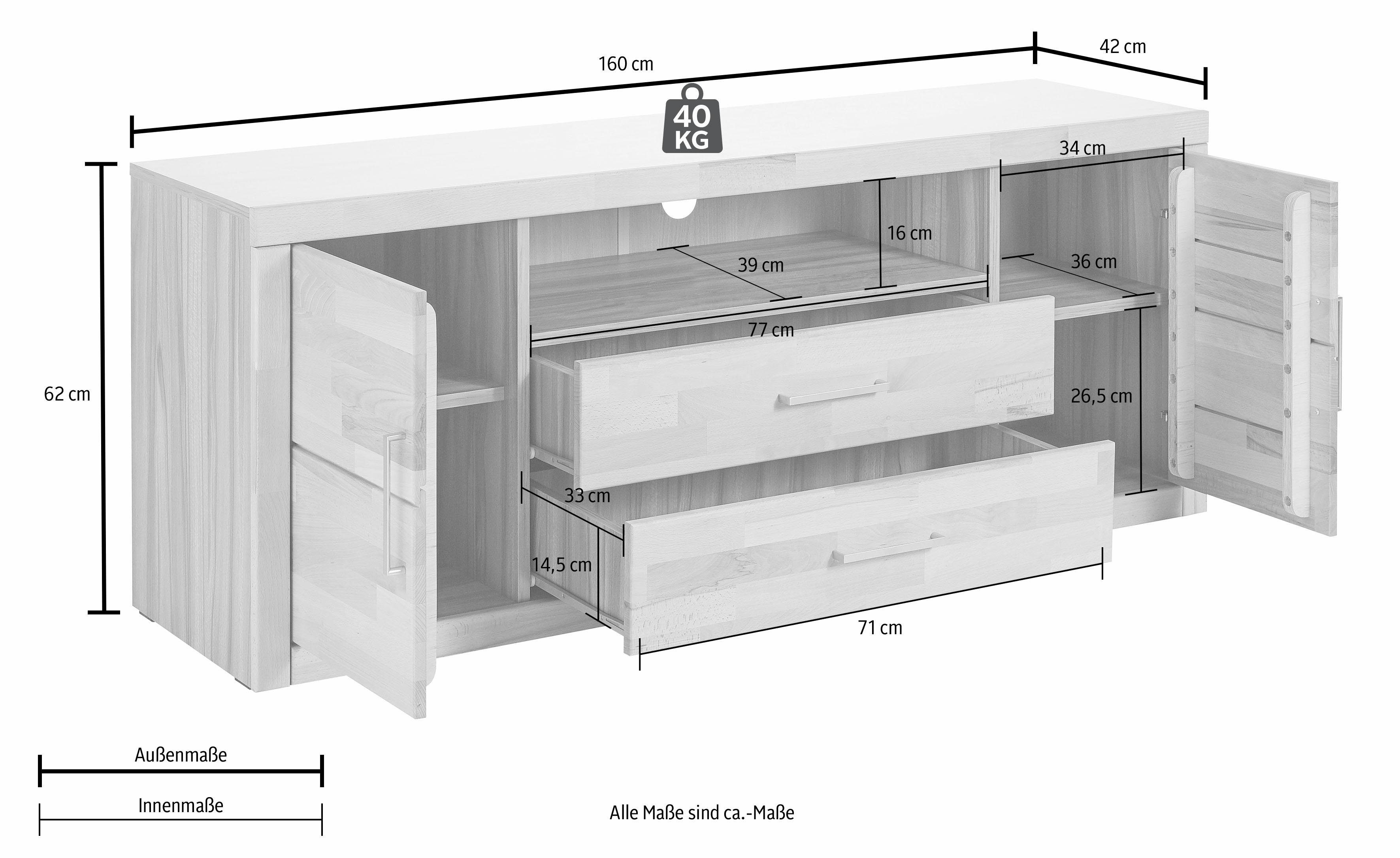 Home affaire Tv-meubel Logo, 160cm breed, 42 cm diep, fronten massief hout, kabeldoorvoer
