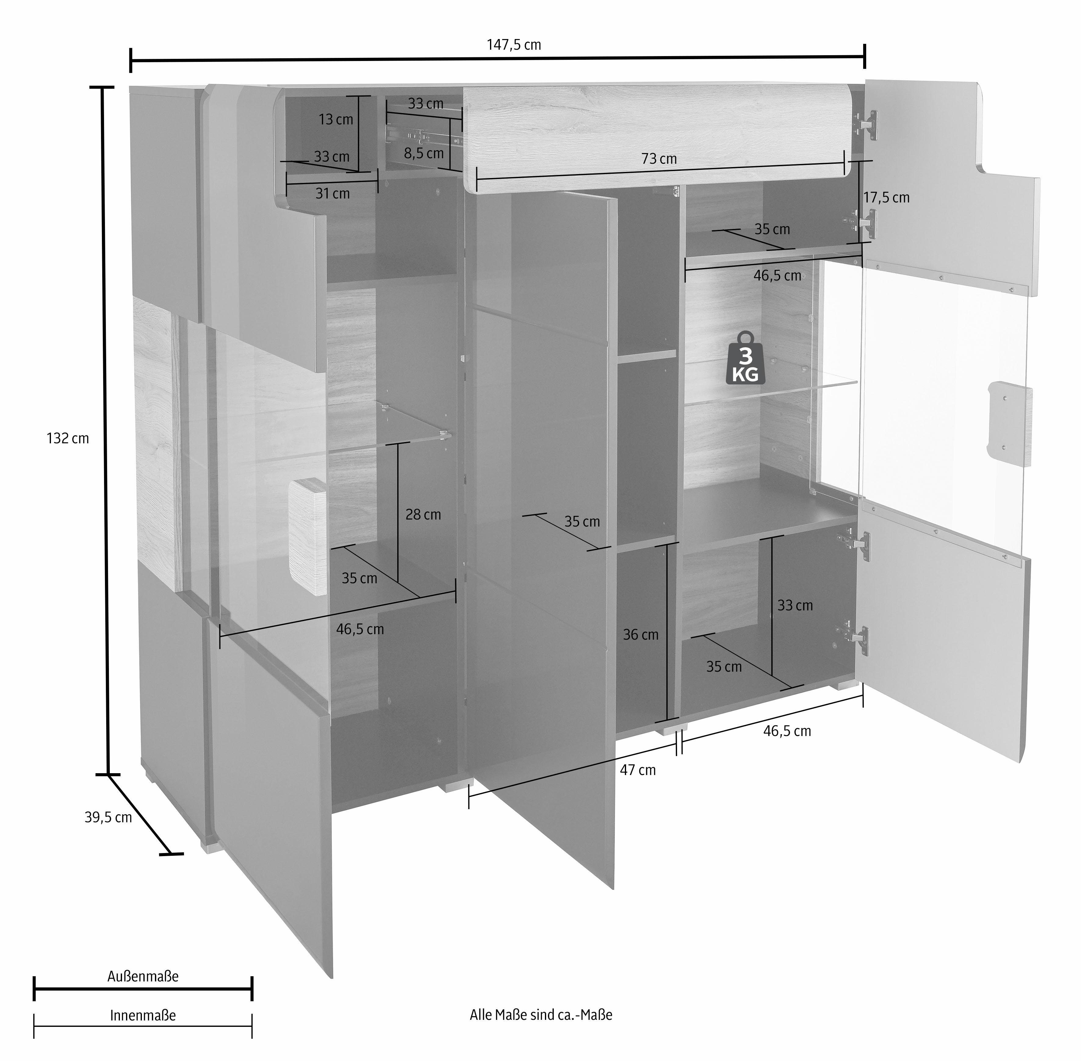 INOSIGN Highboard Toledo, breedte 147,5 cm, modieuze hoge kast met 3 deuren en lade