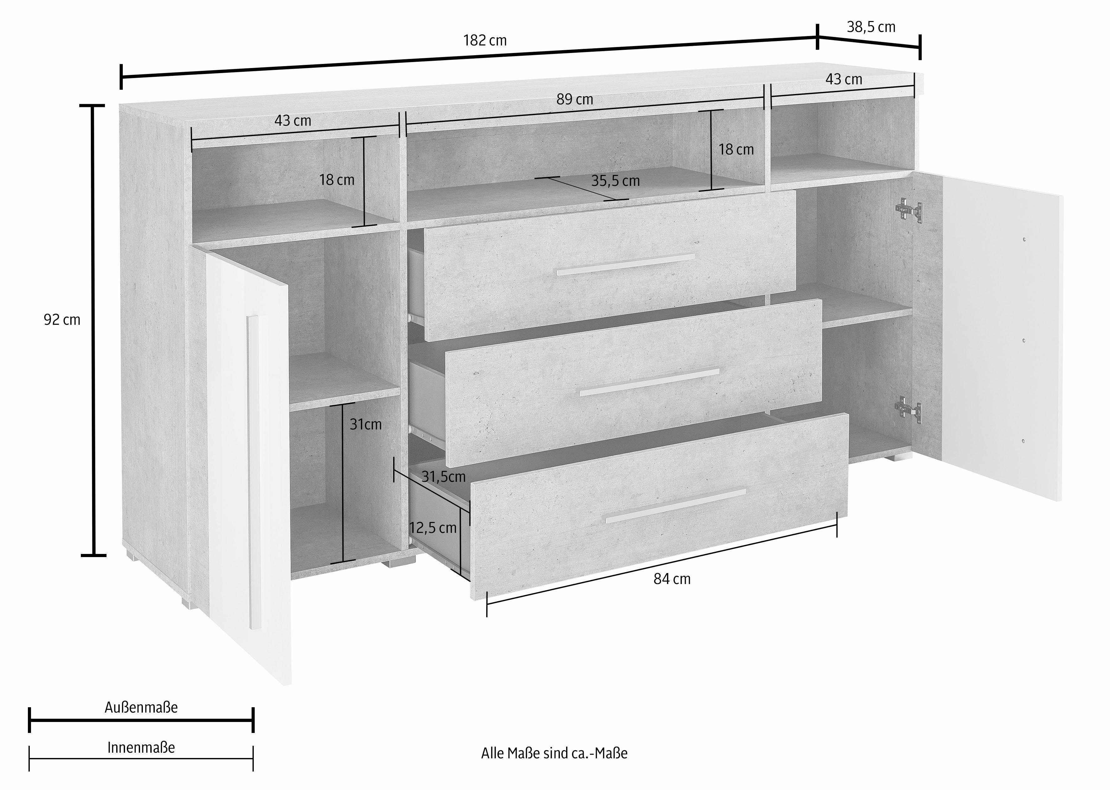 INOSIGN Dressoir Roger, breedte 182 cm, stijlvolle kast, 2 houten deuren 3 laden