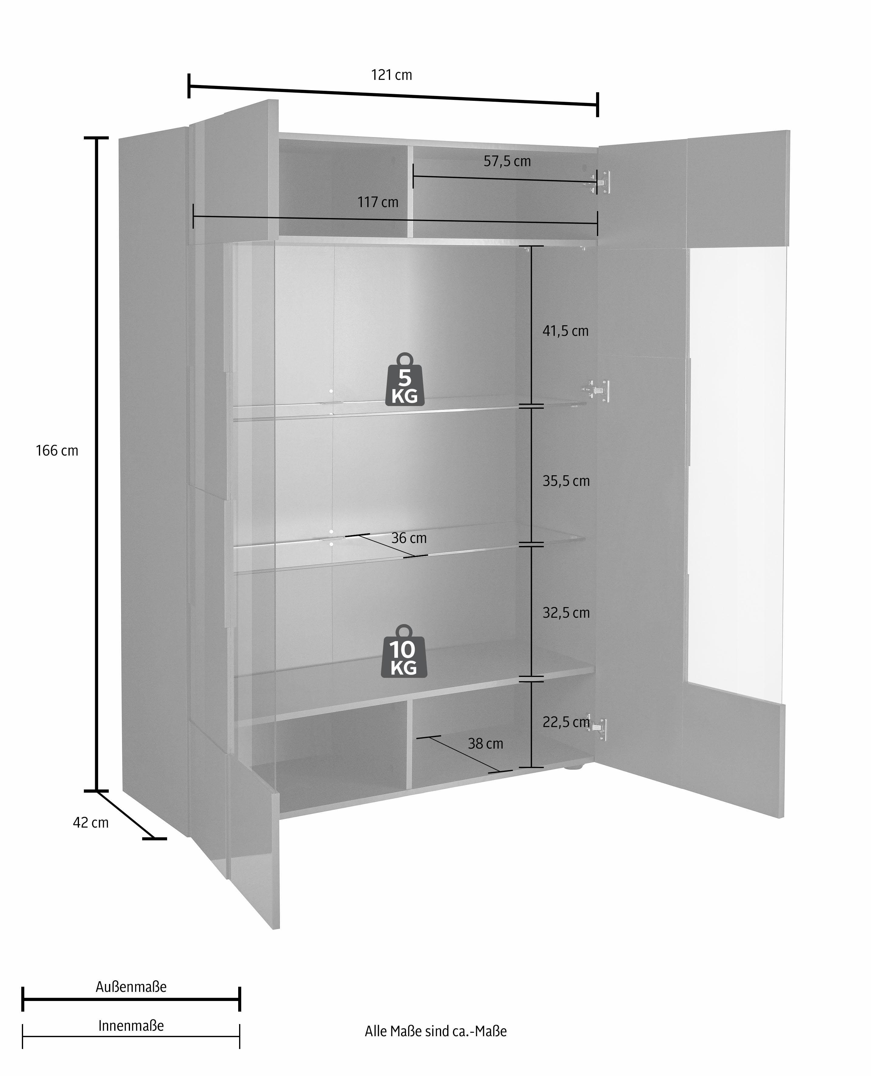 INOSIGN Vitrinekast Dama Hoogte 166 cm, Breedte 121 cm, Opberg vitrinekast met 2 deuren Staande vitrine - front in 3D-uiterlijk, veel opbergruimte, verschillende kleuren