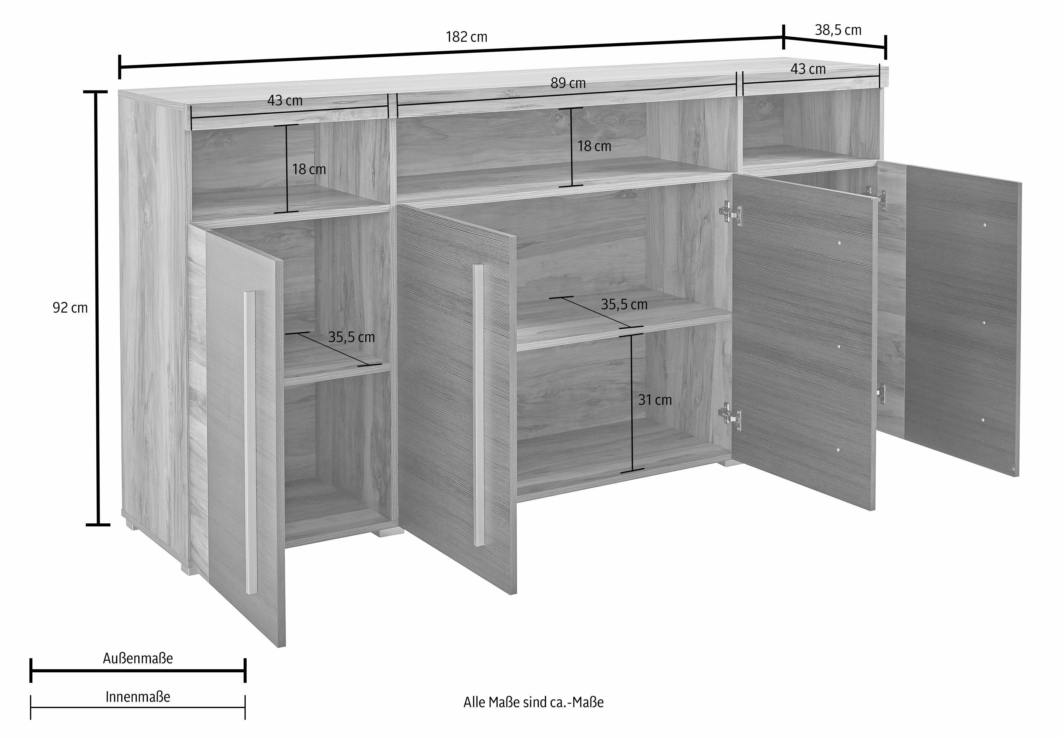 INOSIGN Dressoir Roger, breedte 182 cm, stijlvolle kast met 4 deuren Commode met veel opbergruimte, inlegplanken verstelbaar