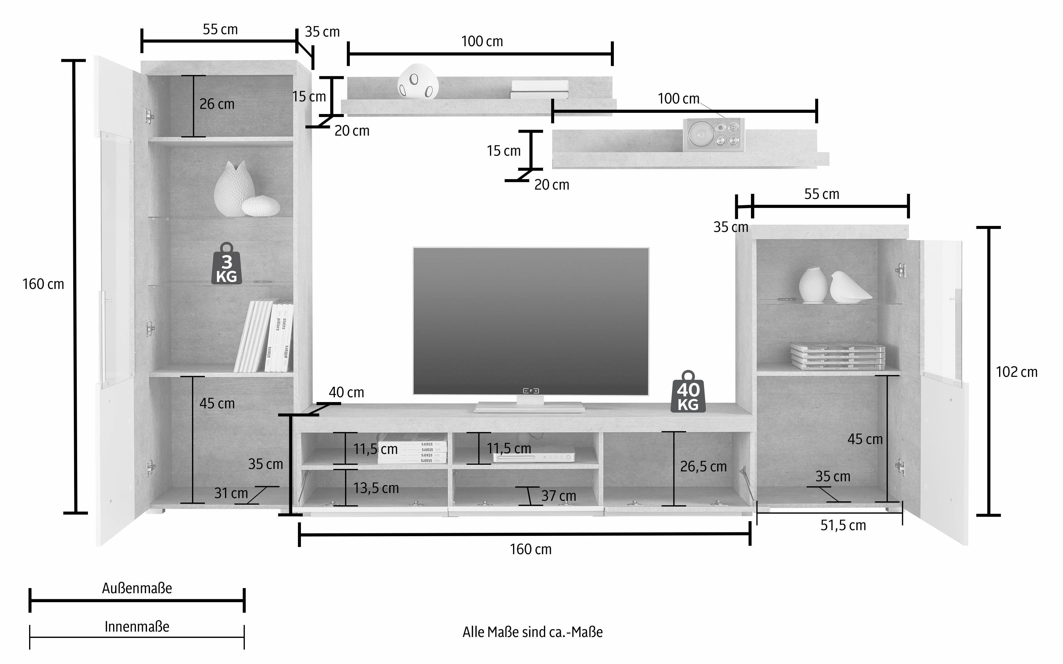 INOSIGN Wandmeubel Roger, breedte 270 cm modern mediawandmeubel zonder verlichting Aanbouwwand (set, 5-st) veel opbergruimte, vitrines met glazen deur (set, 5 stuks)