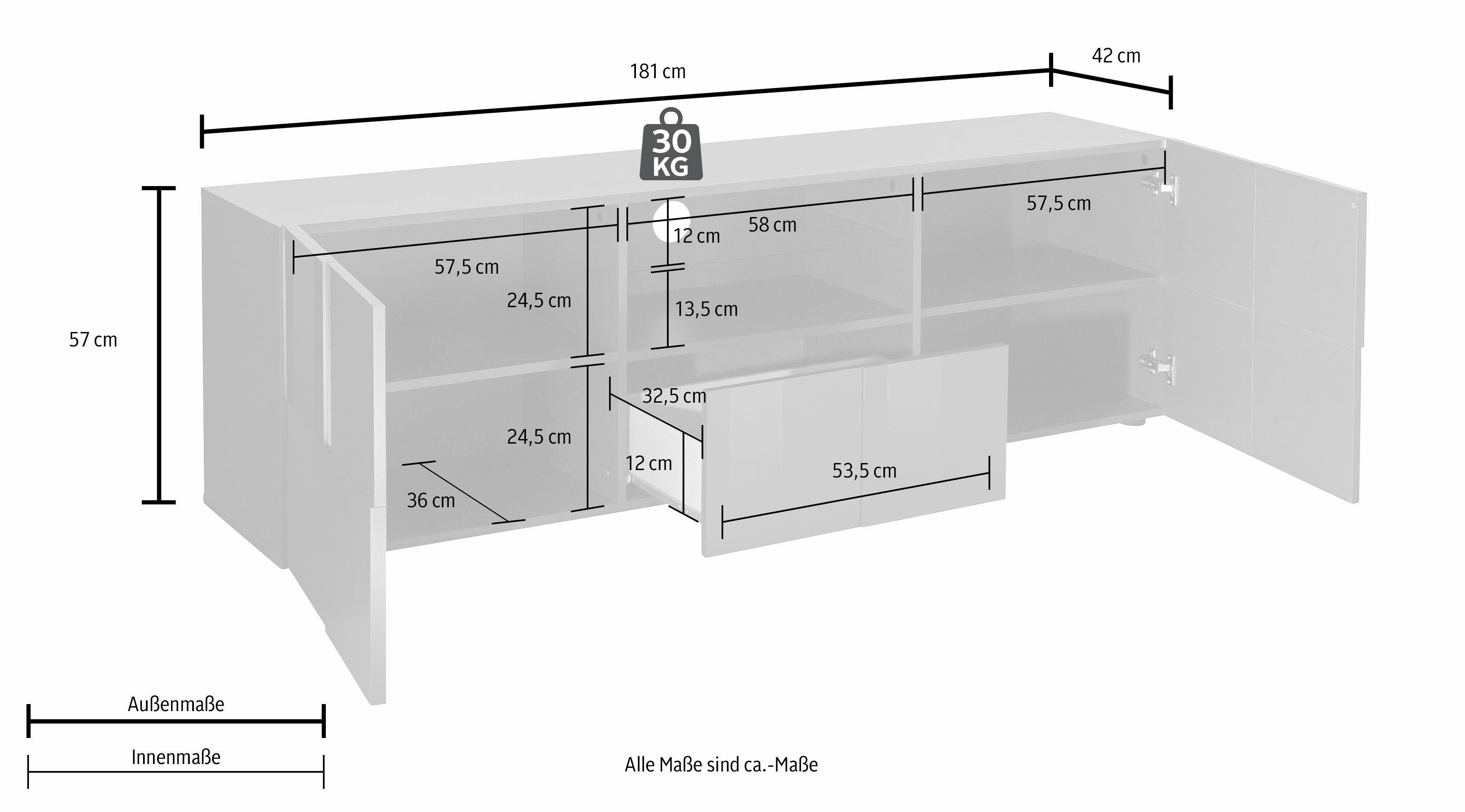 INOSIGN Tv-meubel Dama Breedte 181 cm, TV-meubel 2 deuren, 1 lade, TV-kast Front in 3D-uiterlijk, veel opbergruimte, verschillende kleuren