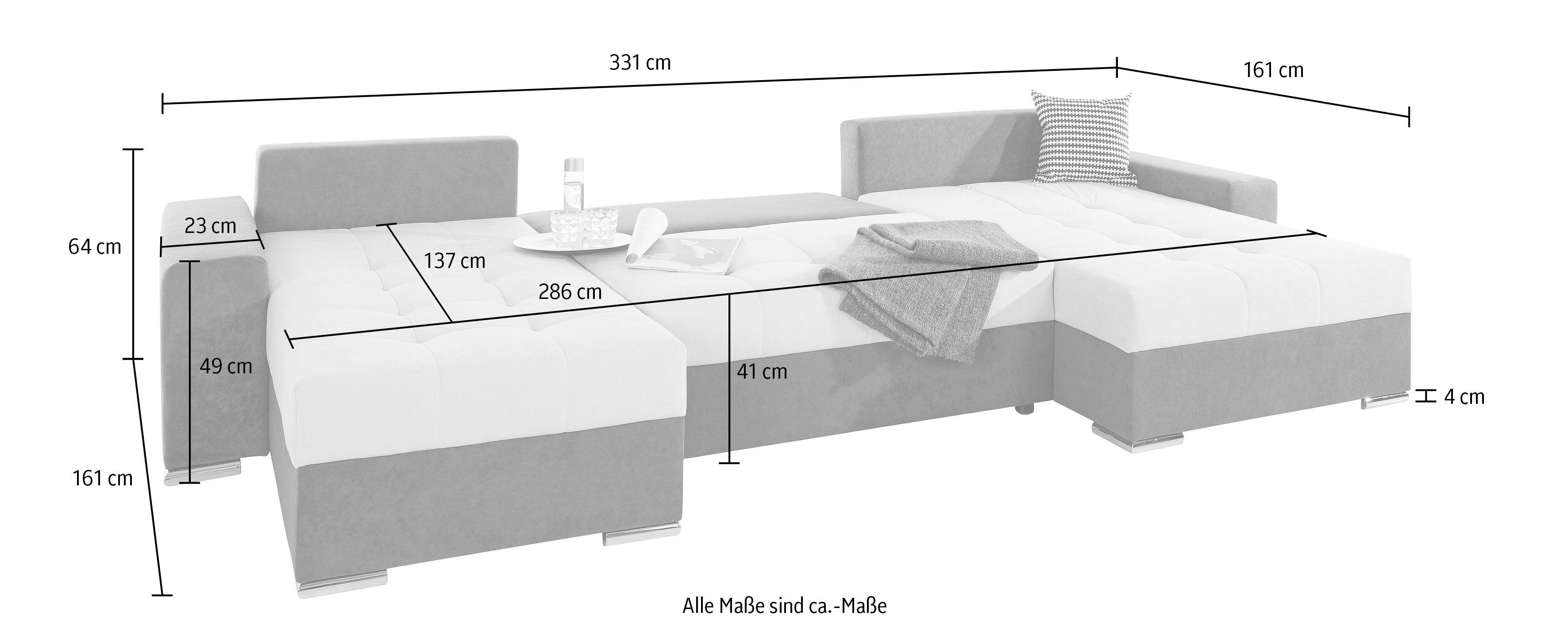 COLLECTION AB Zithoek XXL-Josy U-Form, Breite 333 cm, mit 2 Recamieren 77 & 97 cm incl. bedfunctie, bedlade, met 5 gelijk grote rugkussens