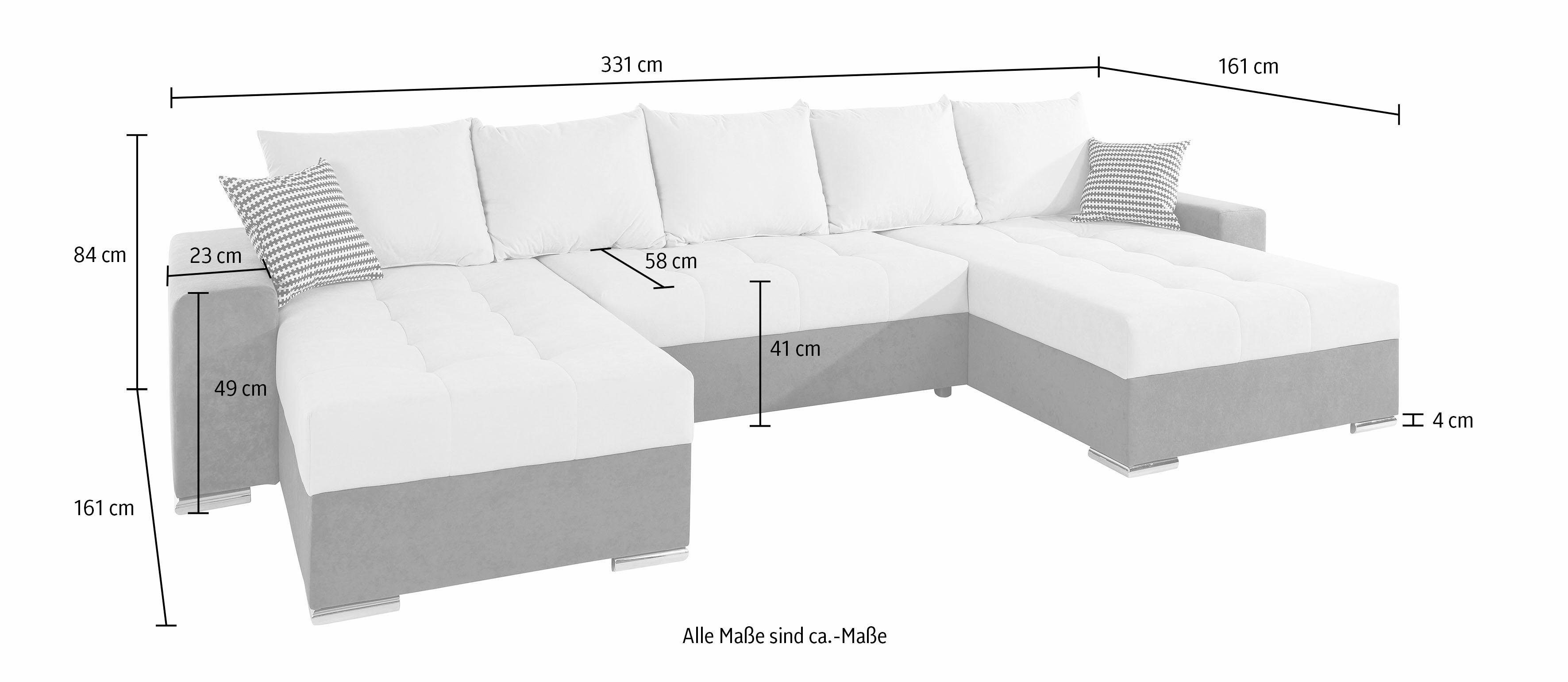 COLLECTION AB Zithoek XXL-Josy U-Form, Breite 333 cm, mit 2 Recamieren 77 & 97 cm incl. bedfunctie, bedlade, met 5 gelijk grote rugkussens