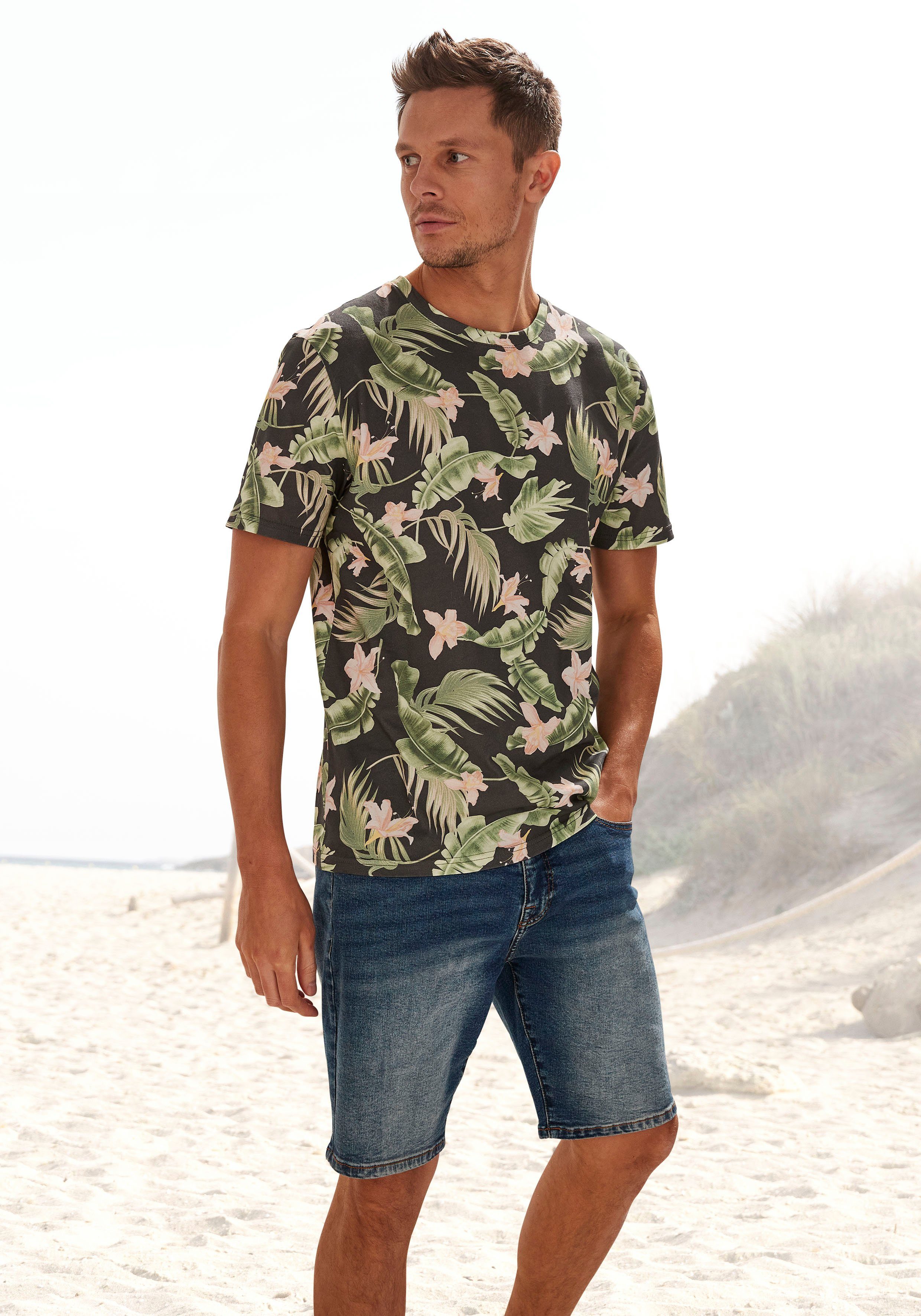 Beachtime T-shirt Regular fit Korte mouwen, vrijetijdsshirt met ronde hals, palmprint, 100% katoen