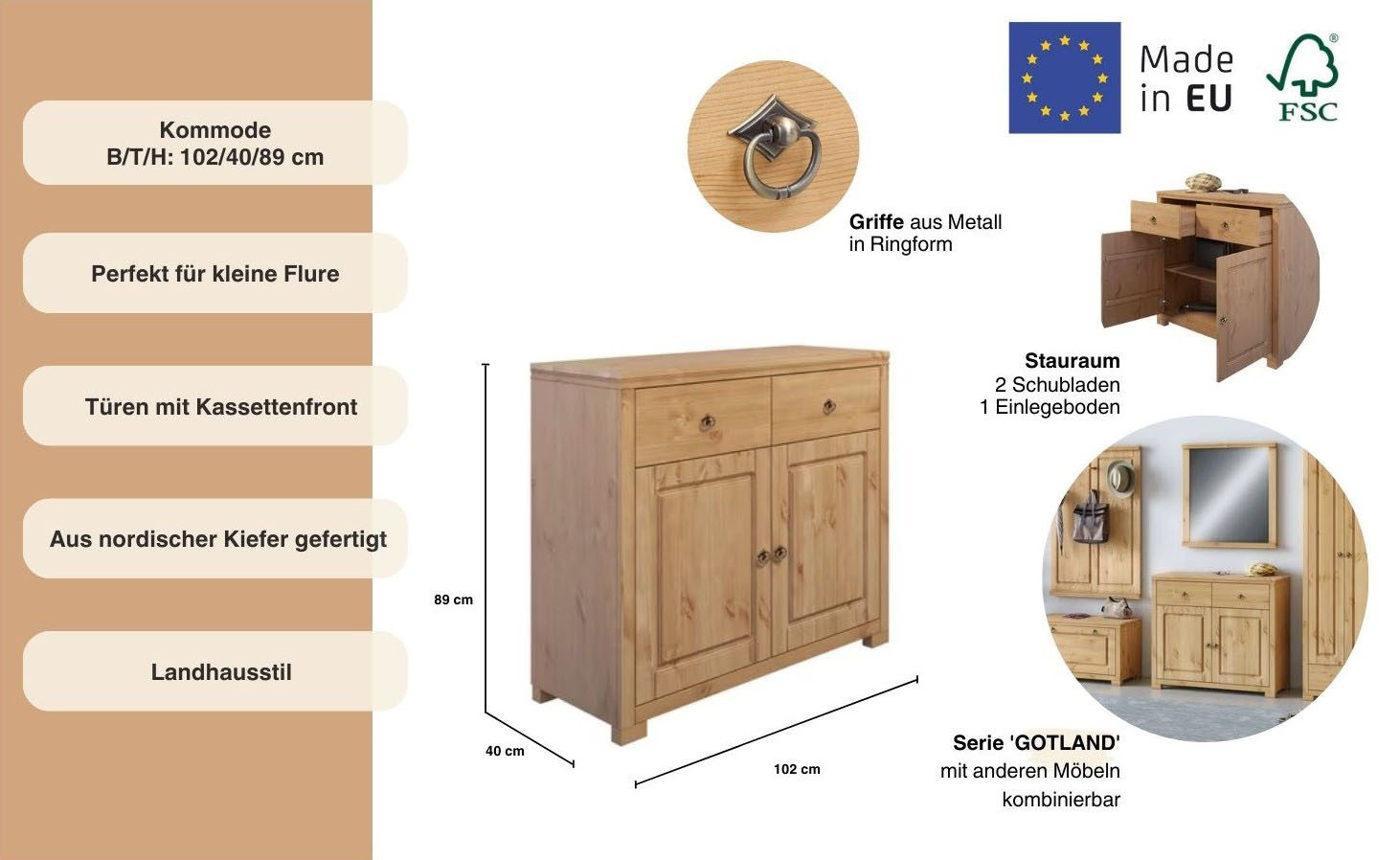Home affaire Kast Gotland van massief grenen, met 2 lades, fsc®, breedte 102 cm