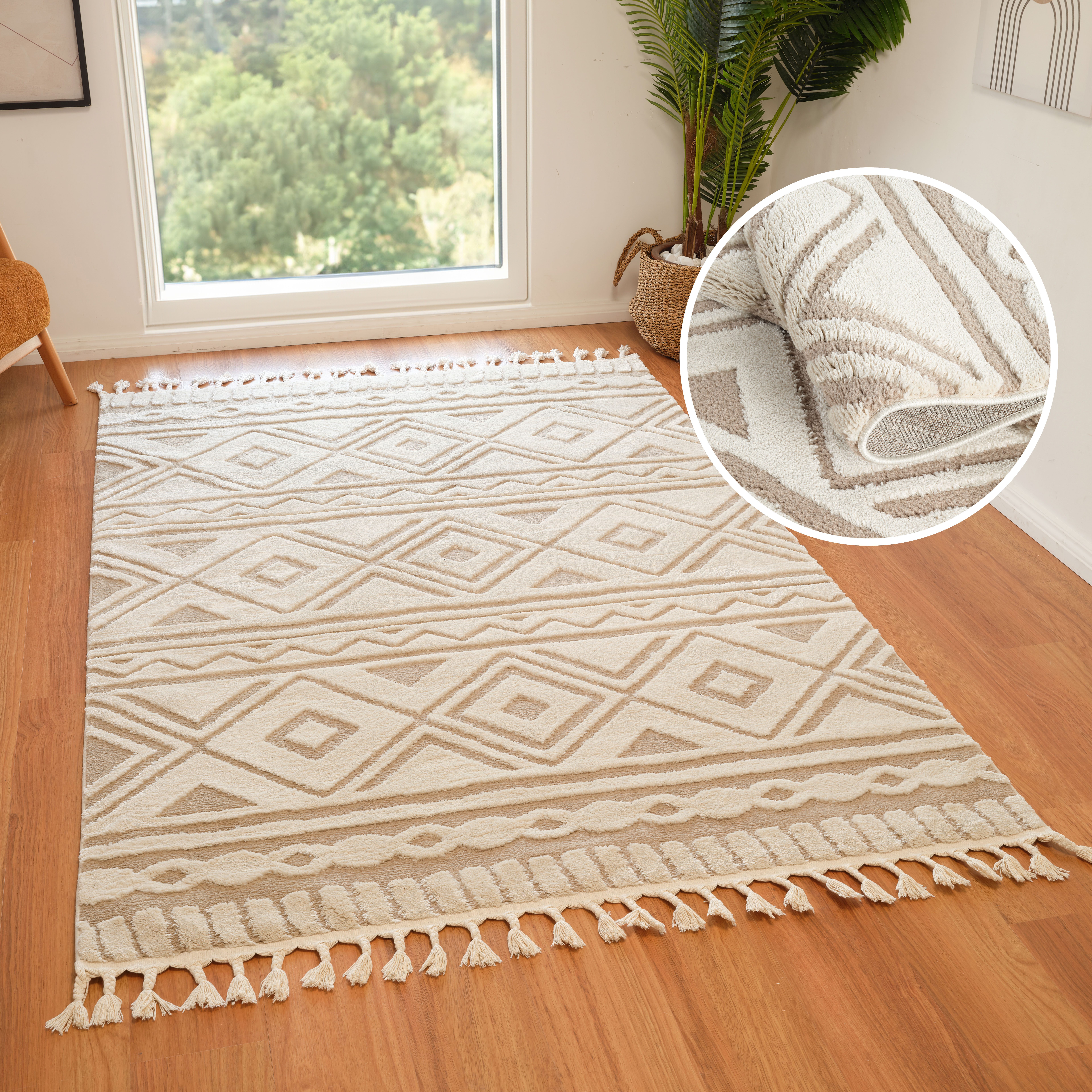 my home Vloerkleed Bonvo met franjes, hoog-laag structuur, woonkamer, slaapkamer, boho-stijl moderne vloerkleden beige