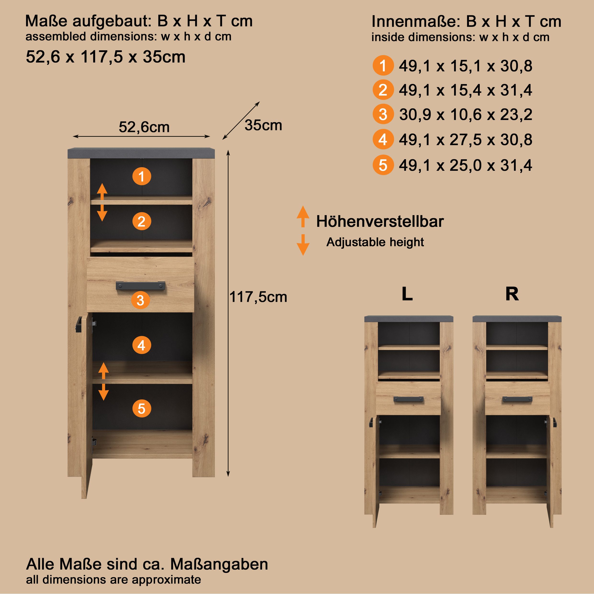 welltime Halfhoge kast Ambres Badkamerkast in matte echt houtlook - afmetingen (B/D/H) 53/35/118 cm (1 stuk)